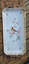 Plat à cake vintage porcelaine décor Limoges oiseau fleuri doré – chic & raffiné