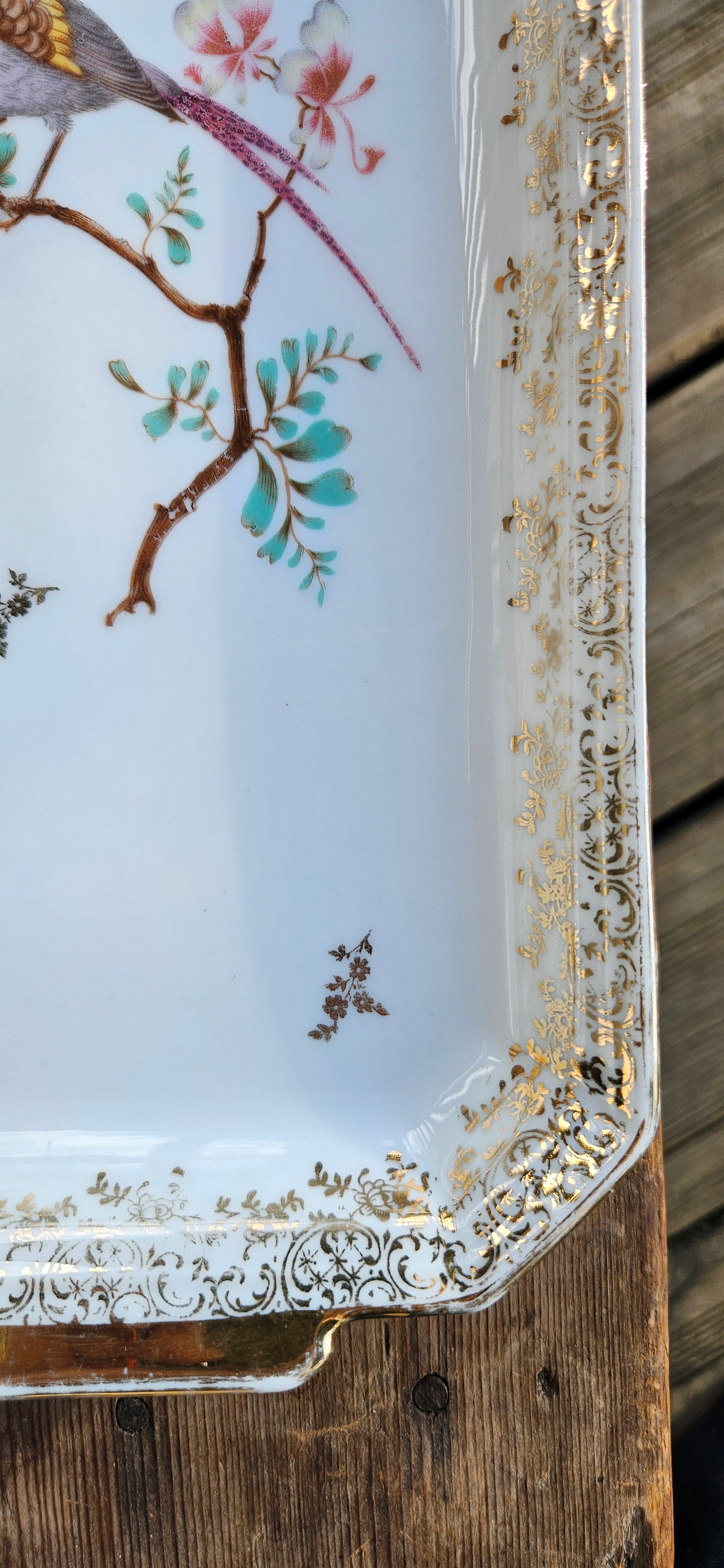 Plat à cake vintage porcelaine décor Limoges oiseau fleuri doré – chic & raffiné