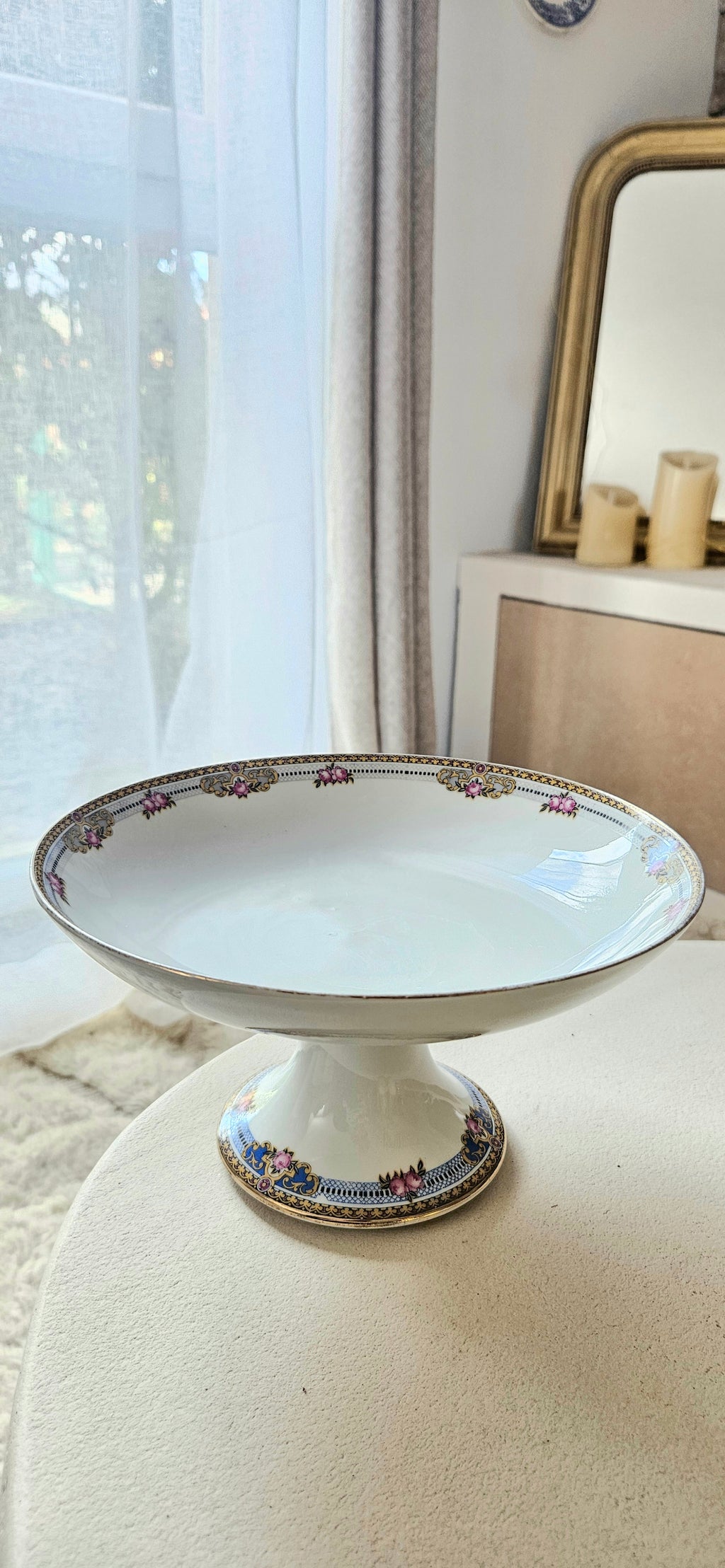 Compotier ancien en porcelaine de Limoges - décor floral