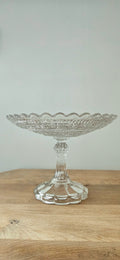 Compotier ancien en verre pressé – coupe sur pied décor frise grecque
