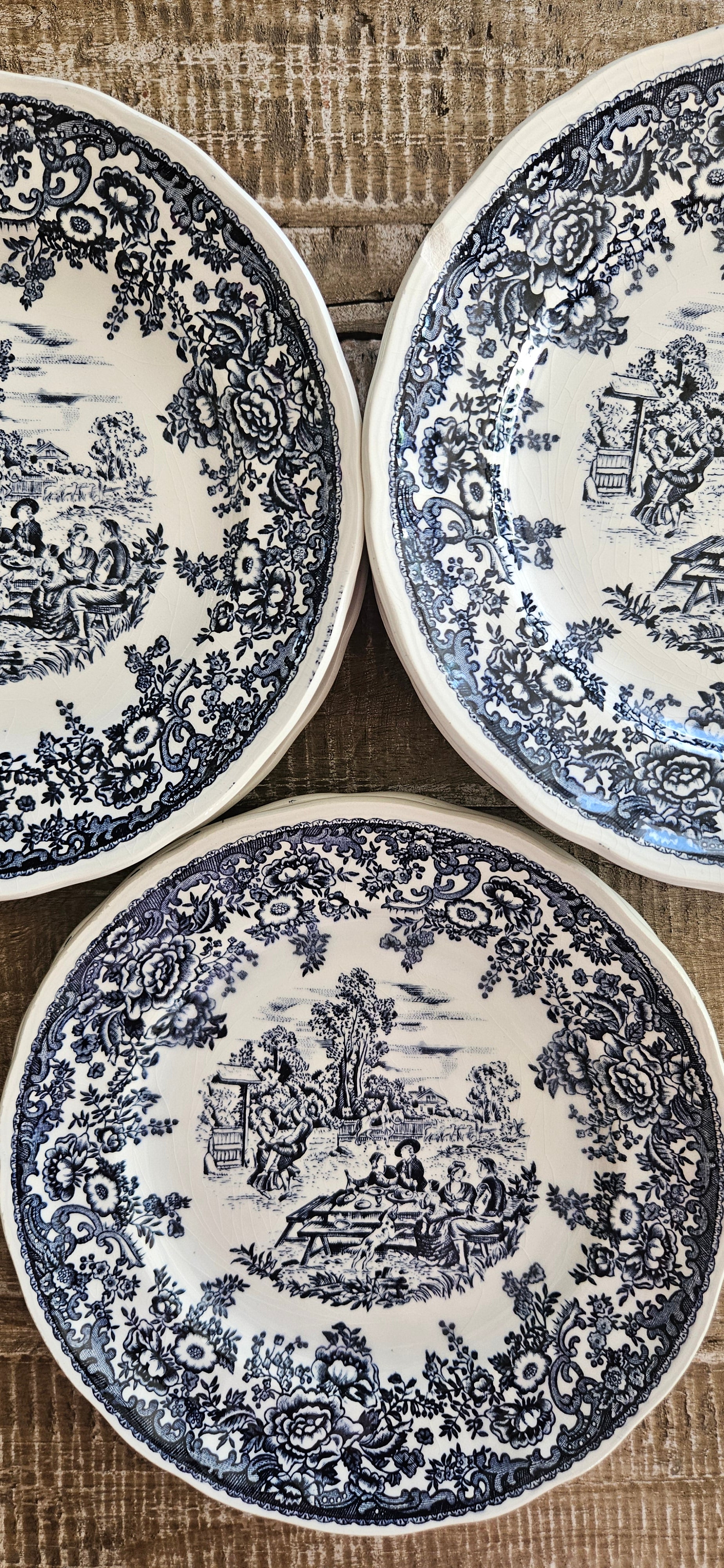 Lot de 12 assiettes à dessert anciennes en faïence fine probablement Lunéville – décor bleu et blanc
