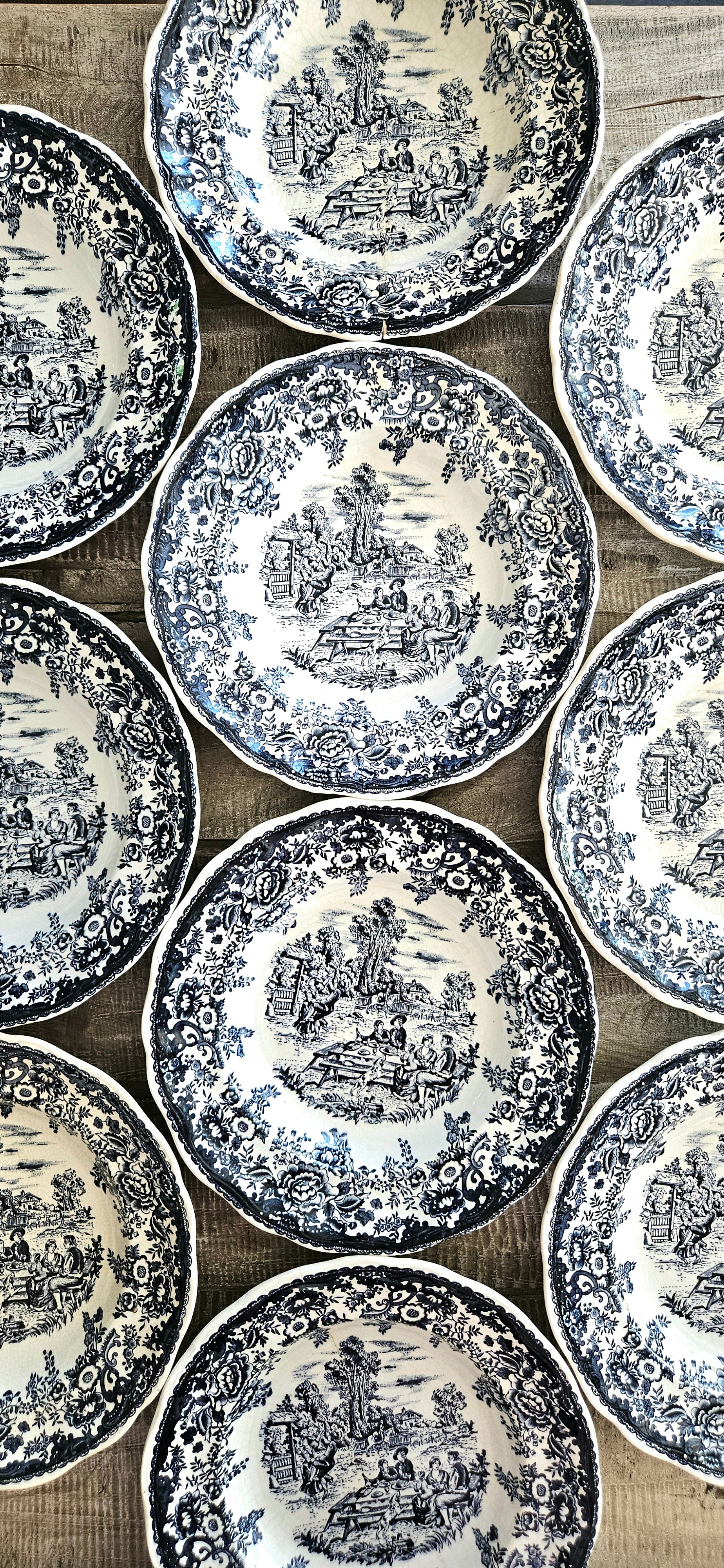 Lot de 10 assiettes creuses anciennes en faïence fine probablement Lunéville – décor bleu et blanc