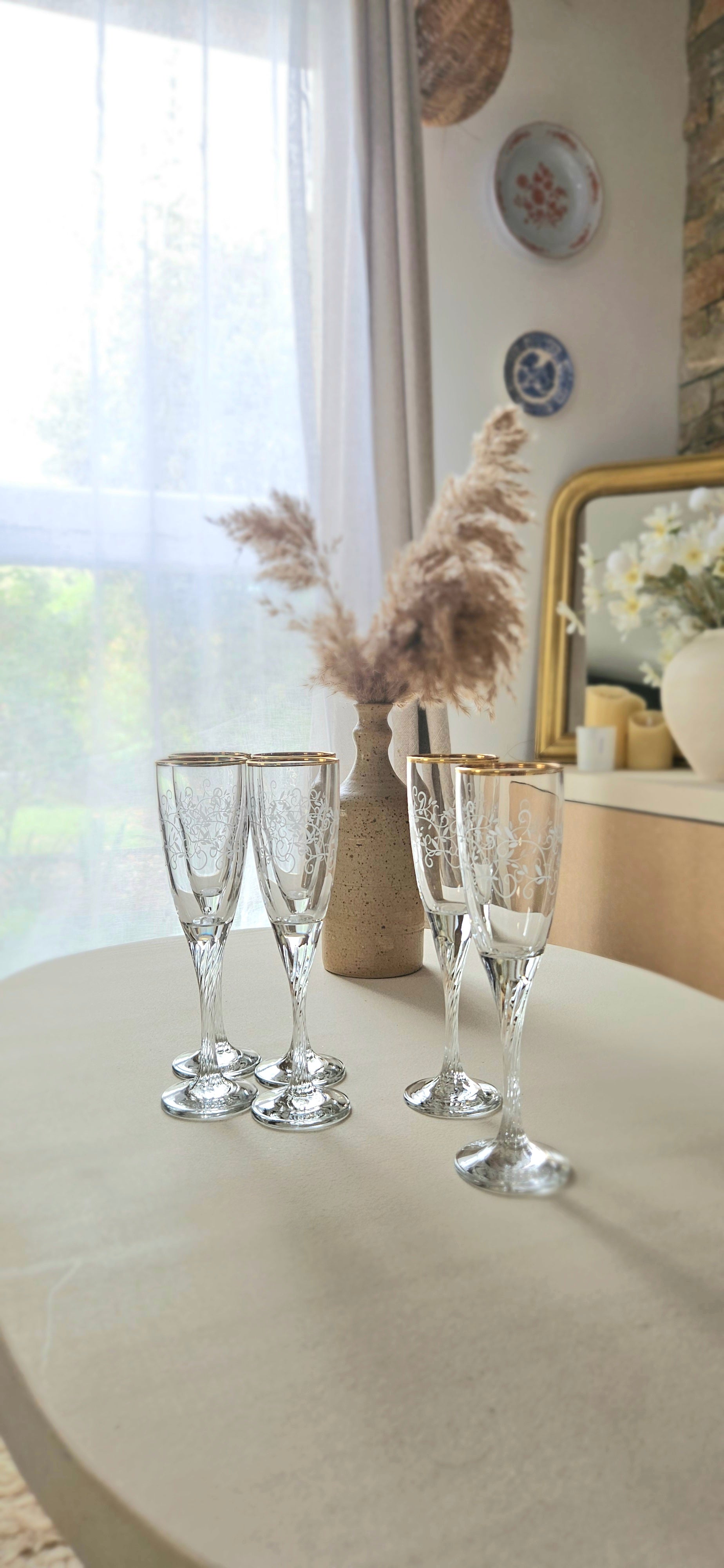 Lot de 6 flûtes à champagne vintage 21 cm – Verre décor floral blanc et liseré doré