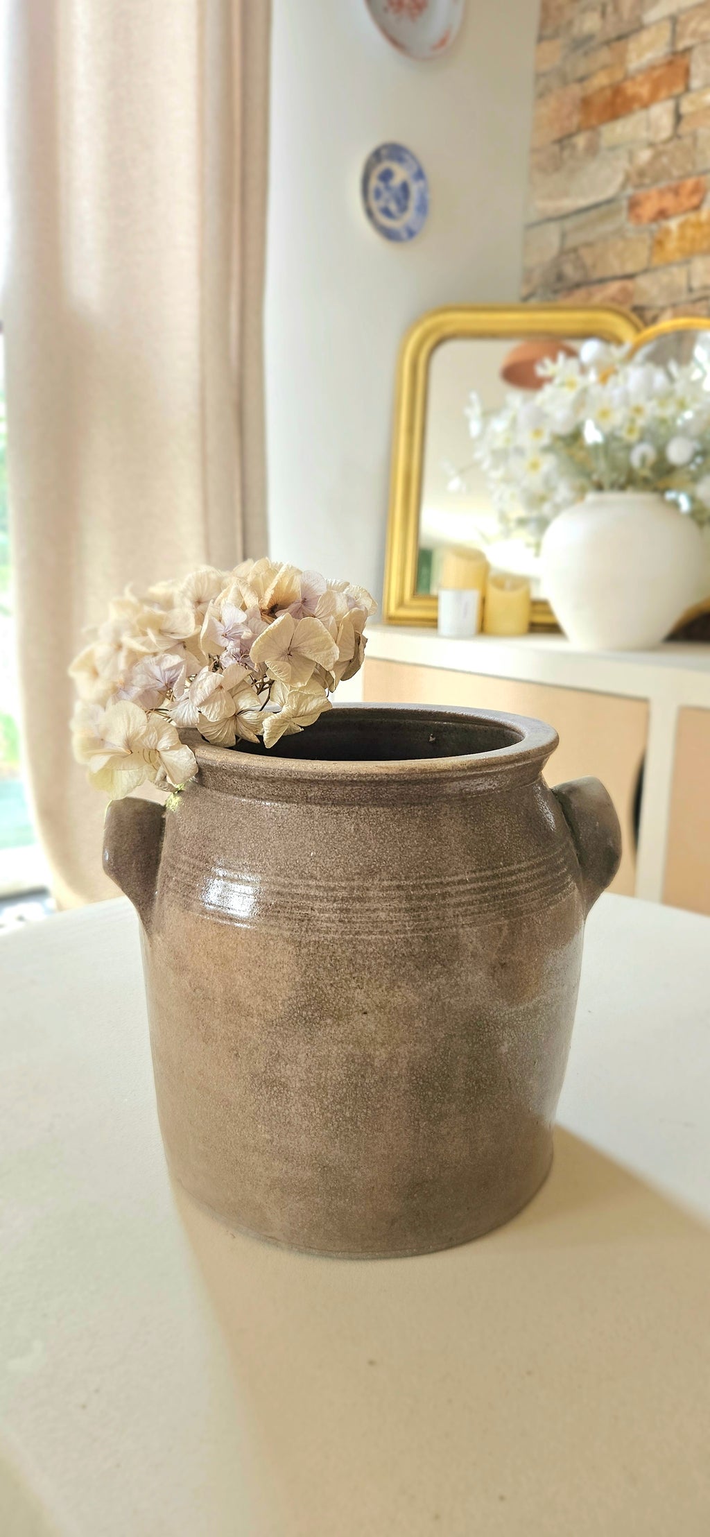 Ancien pot à graisse en grès taupe grisé – Poterie française vintage