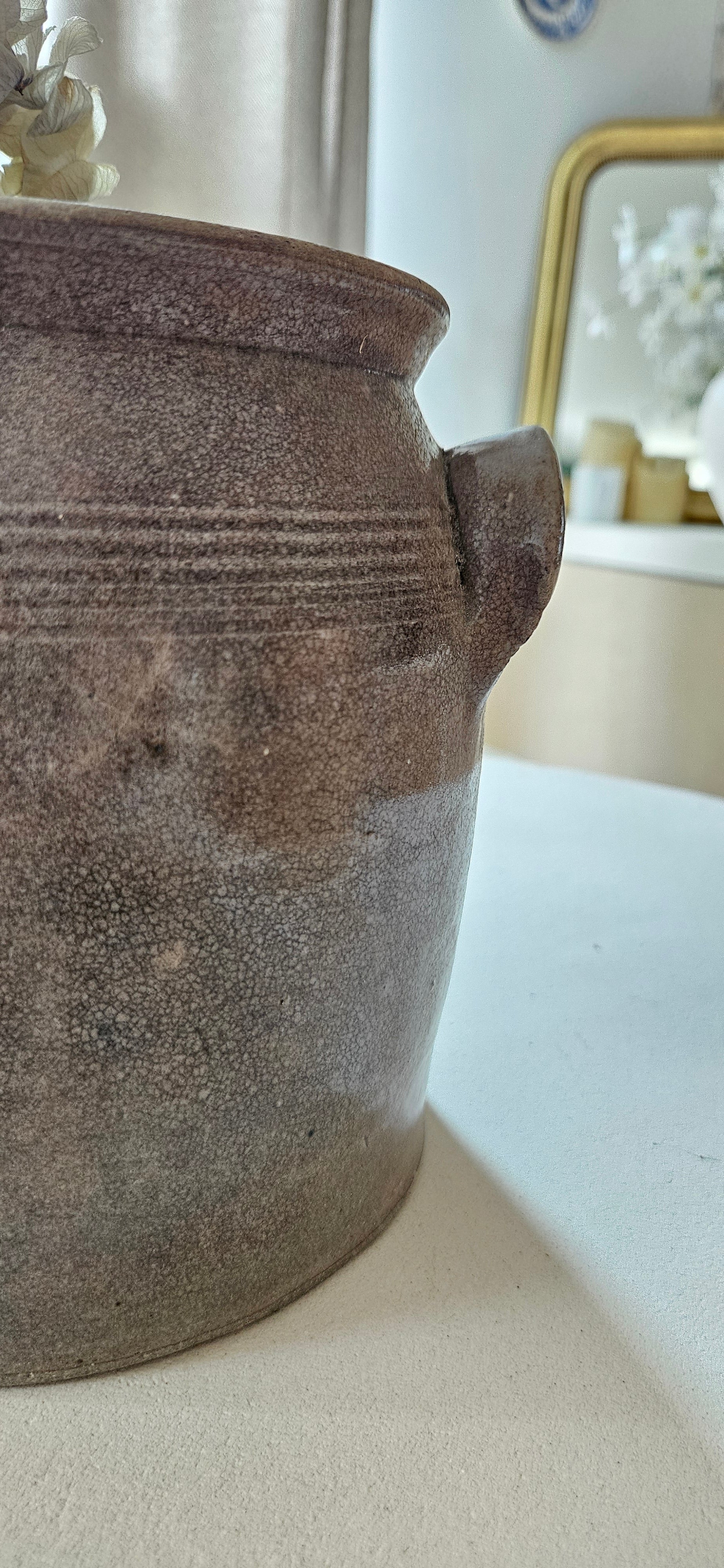 Ancien pot à graisse en grès taupe grisé – Poterie française vintage