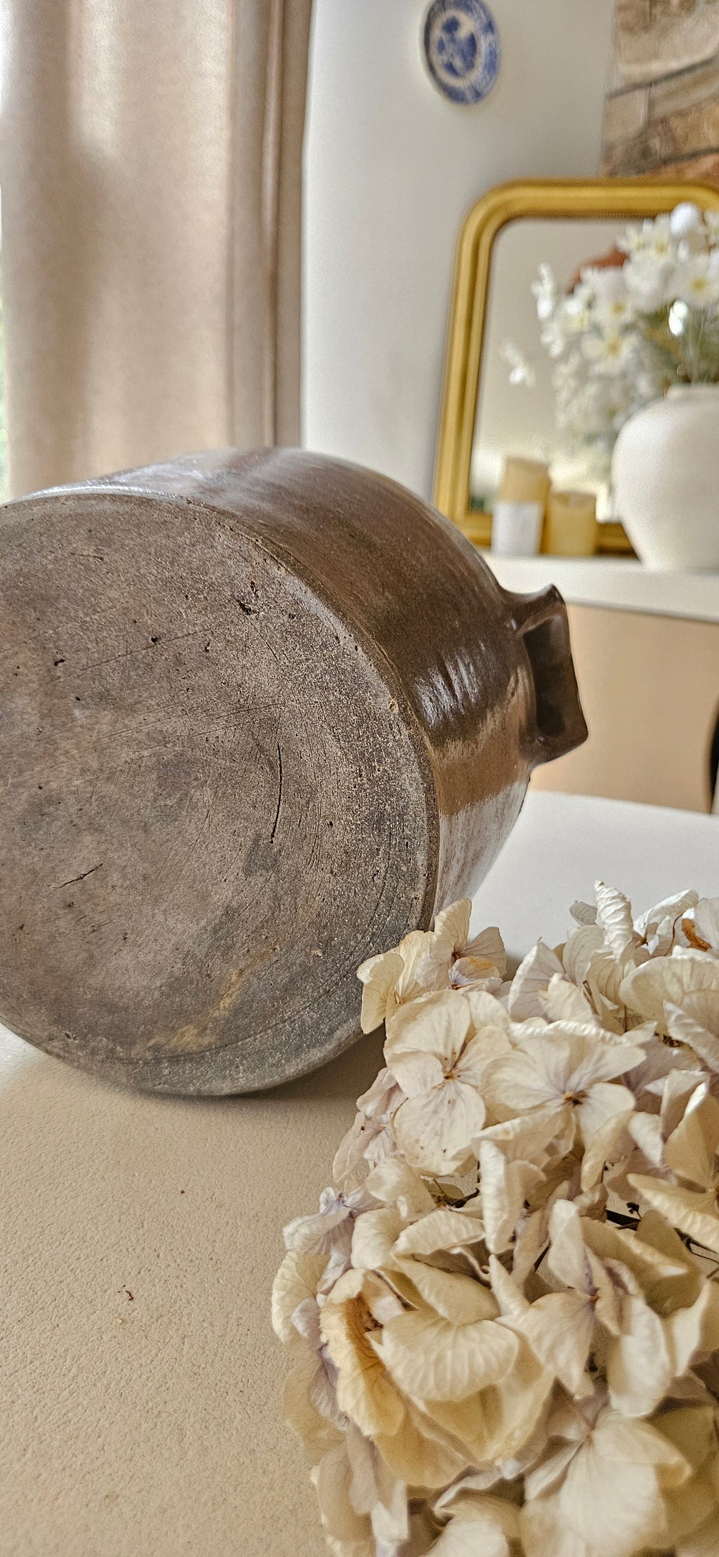 Ancien pot à graisse en grès taupe grisé – Poterie française vintage