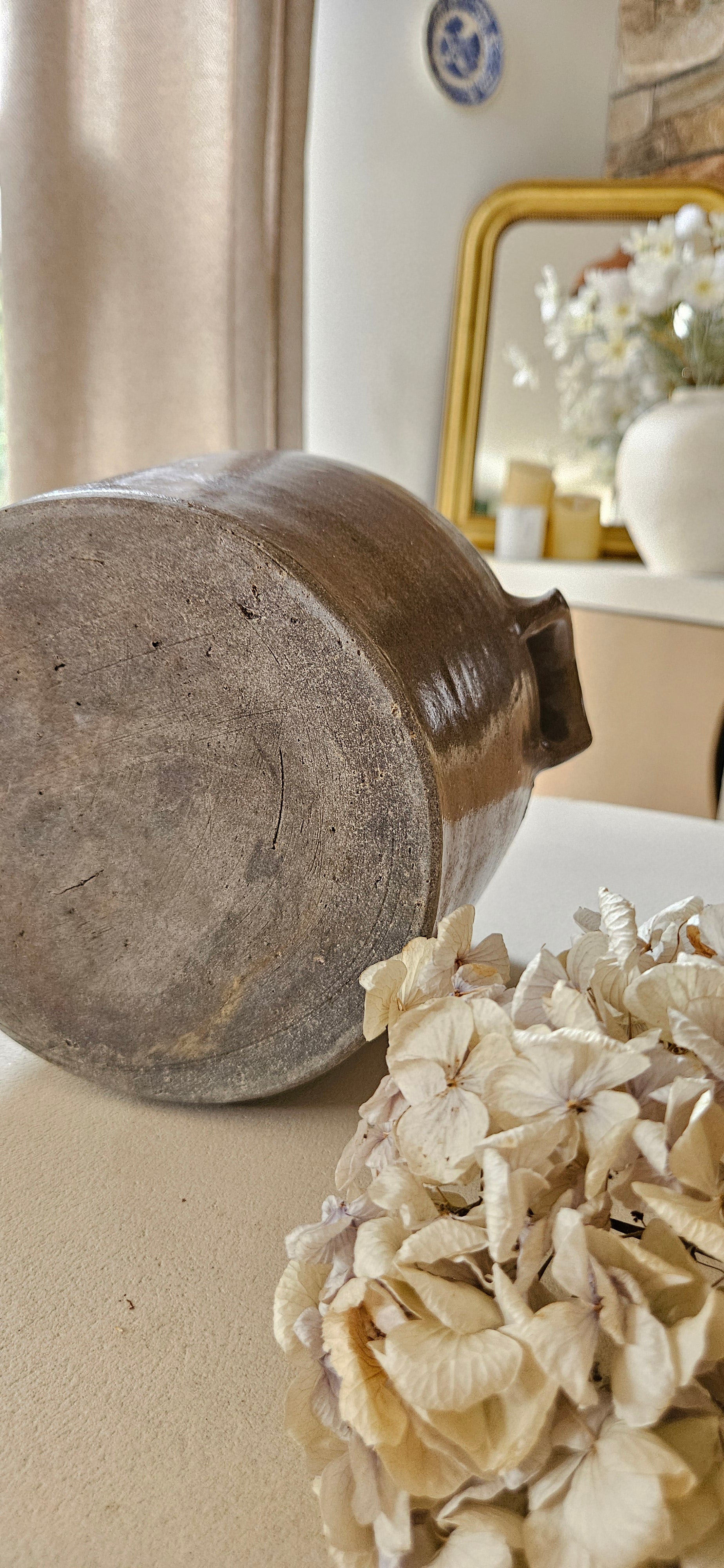 Ancien pot à graisse en grès taupe grisé – Poterie française vintage