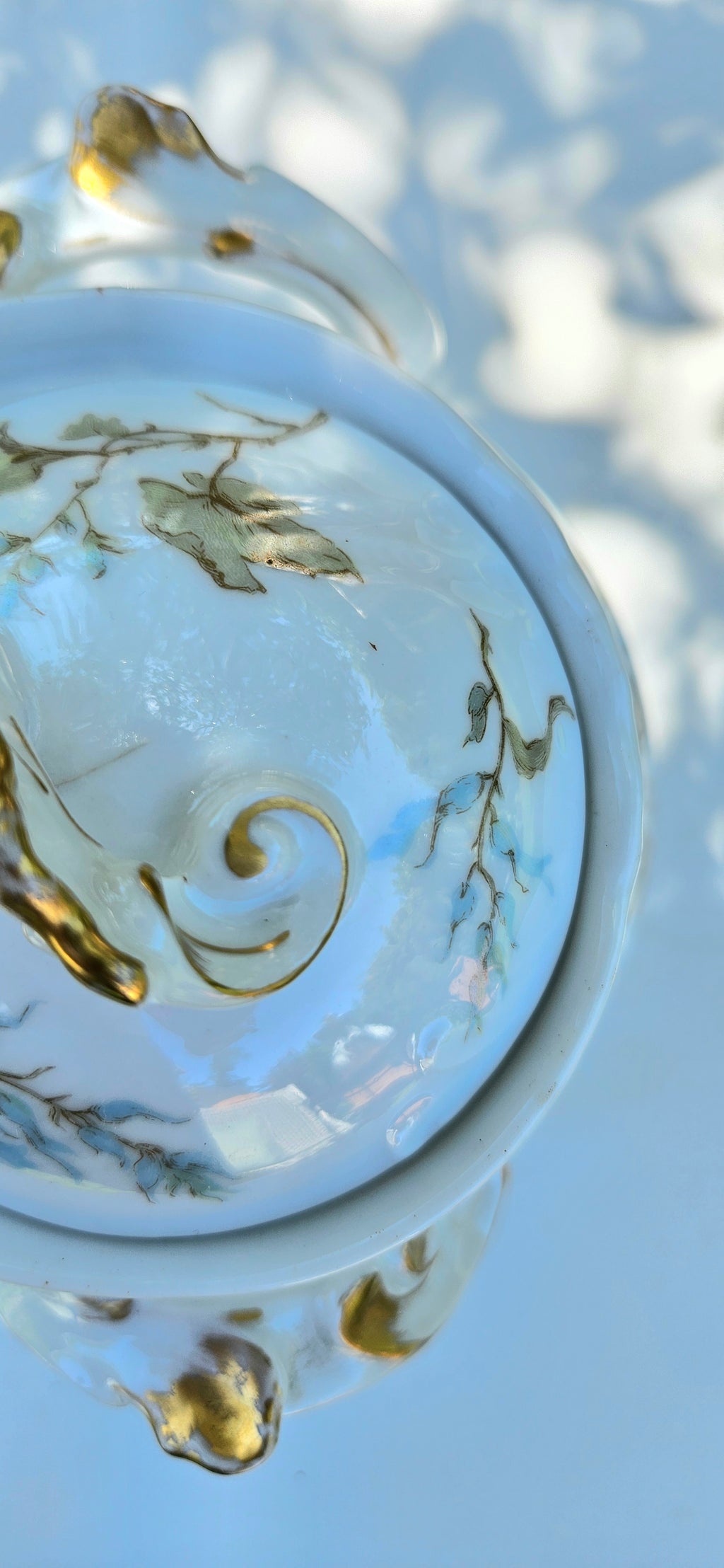 Cafetière et sucrier anciens JPL Limoges en porcelaine Art Nouveau, décor floral bleu et doré