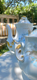 Cafetière et sucrier anciens JPL Limoges en porcelaine Art Nouveau, décor floral bleu et doré