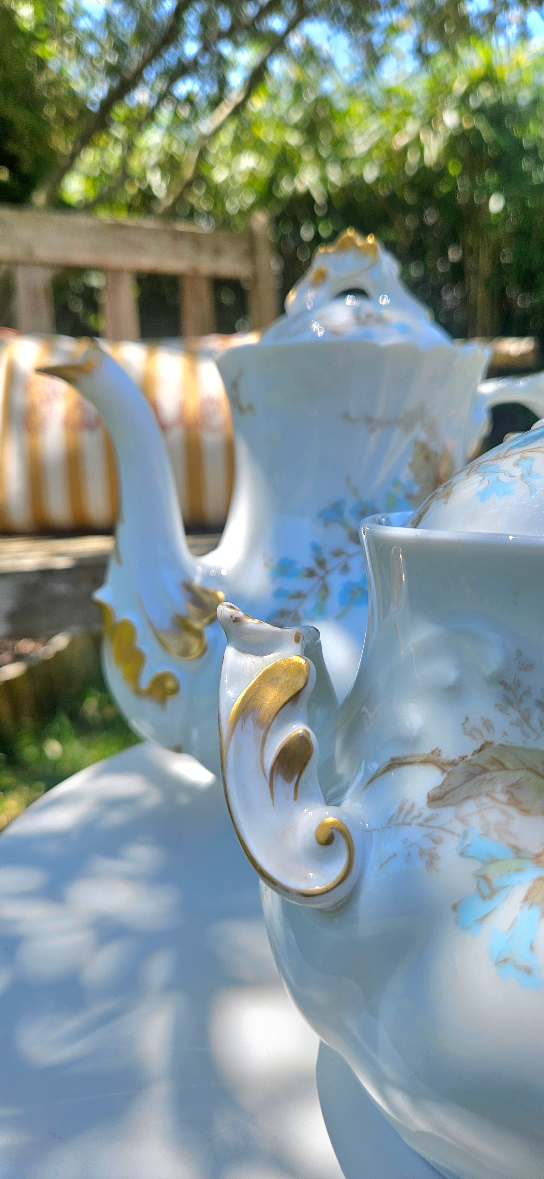 Cafetière et sucrier anciens JPL Limoges en porcelaine Art Nouveau, décor floral bleu et doré