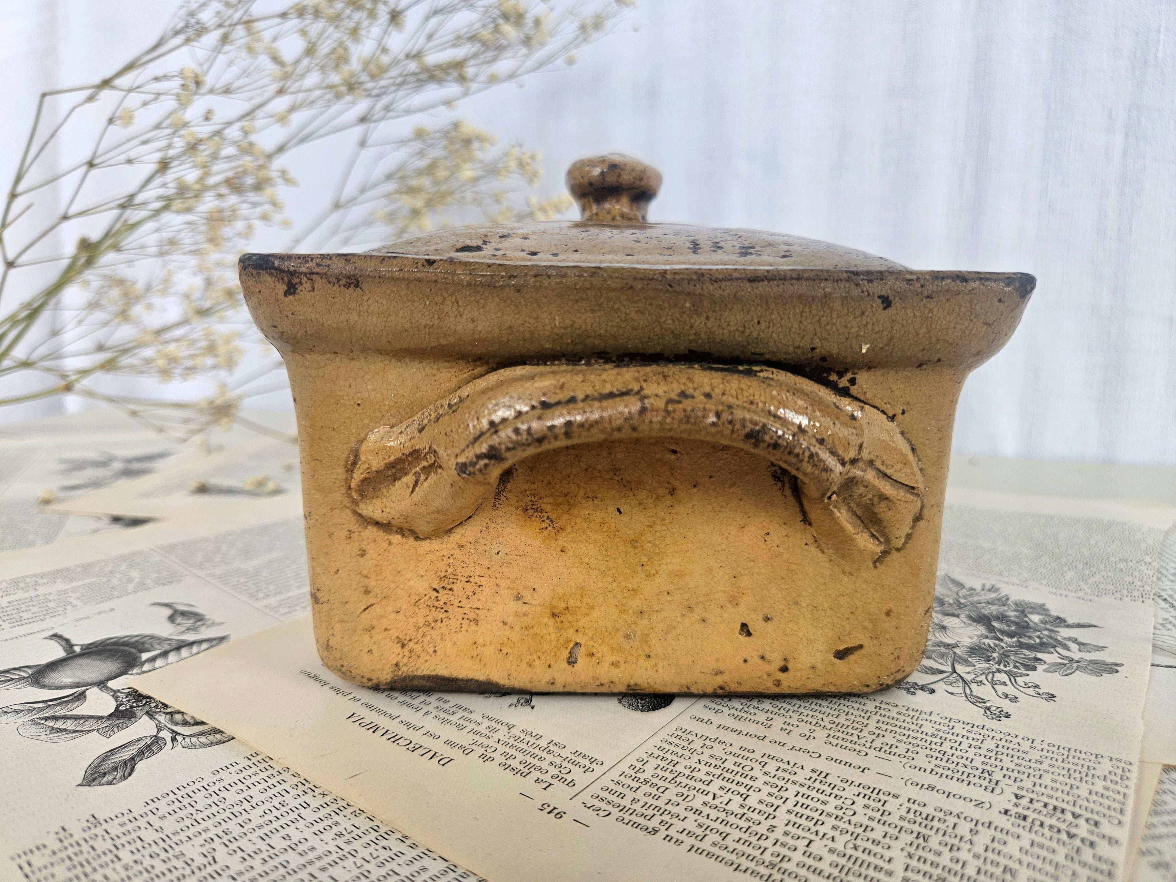 Ancienne terrine en grès émaillé miel avec couvercle