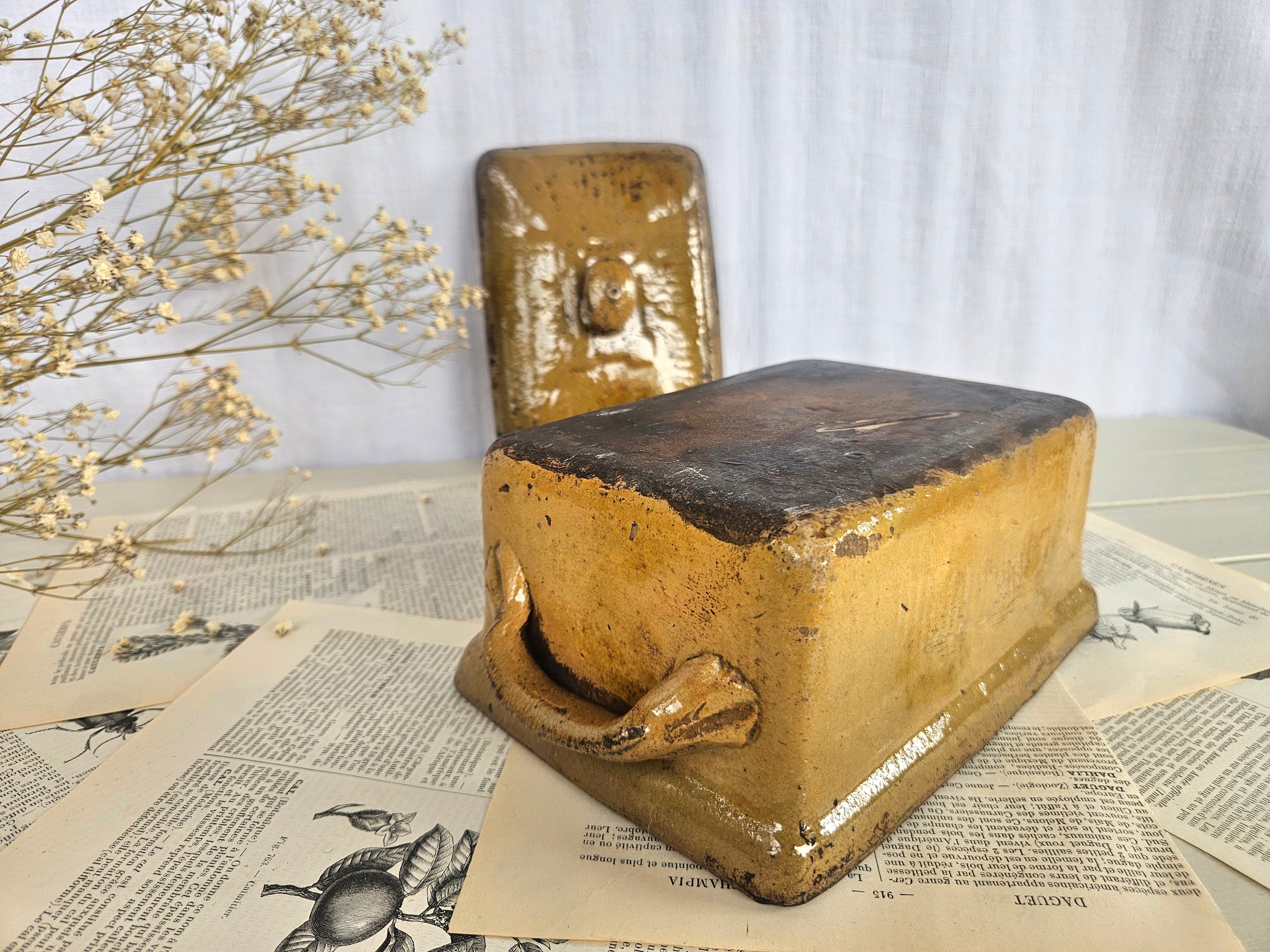 Ancienne terrine en grès émaillé miel avec couvercle