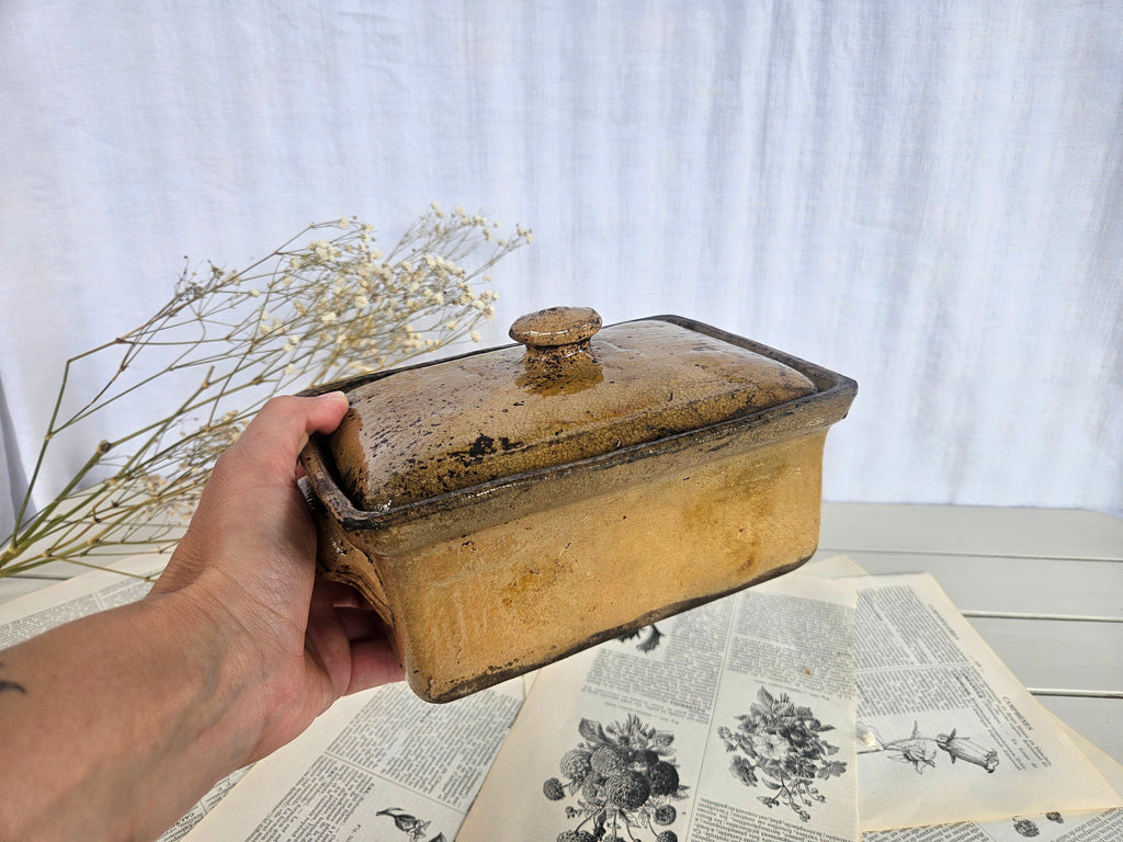 Ancienne terrine en grès émaillé miel avec couvercle
