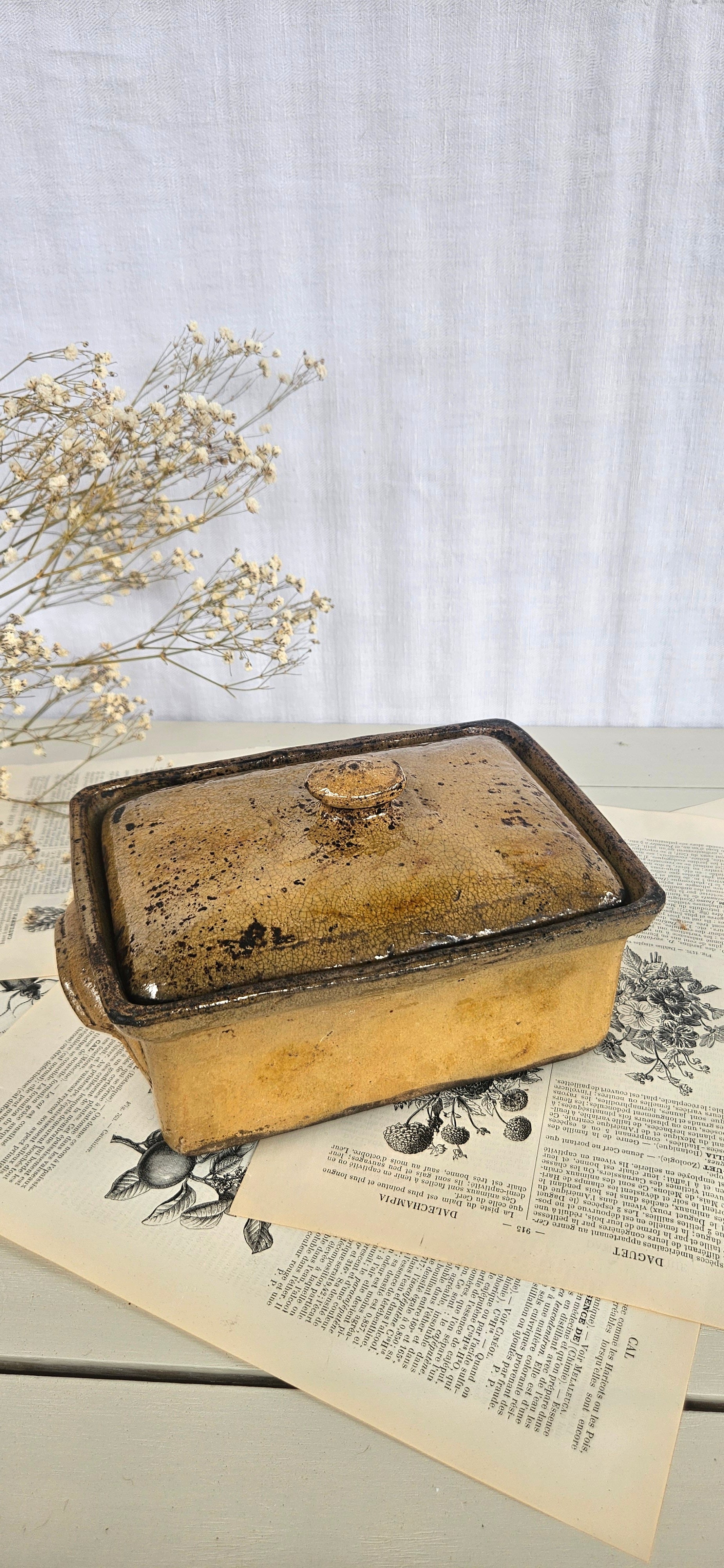 Ancienne terrine en grès émaillé miel avec couvercle
