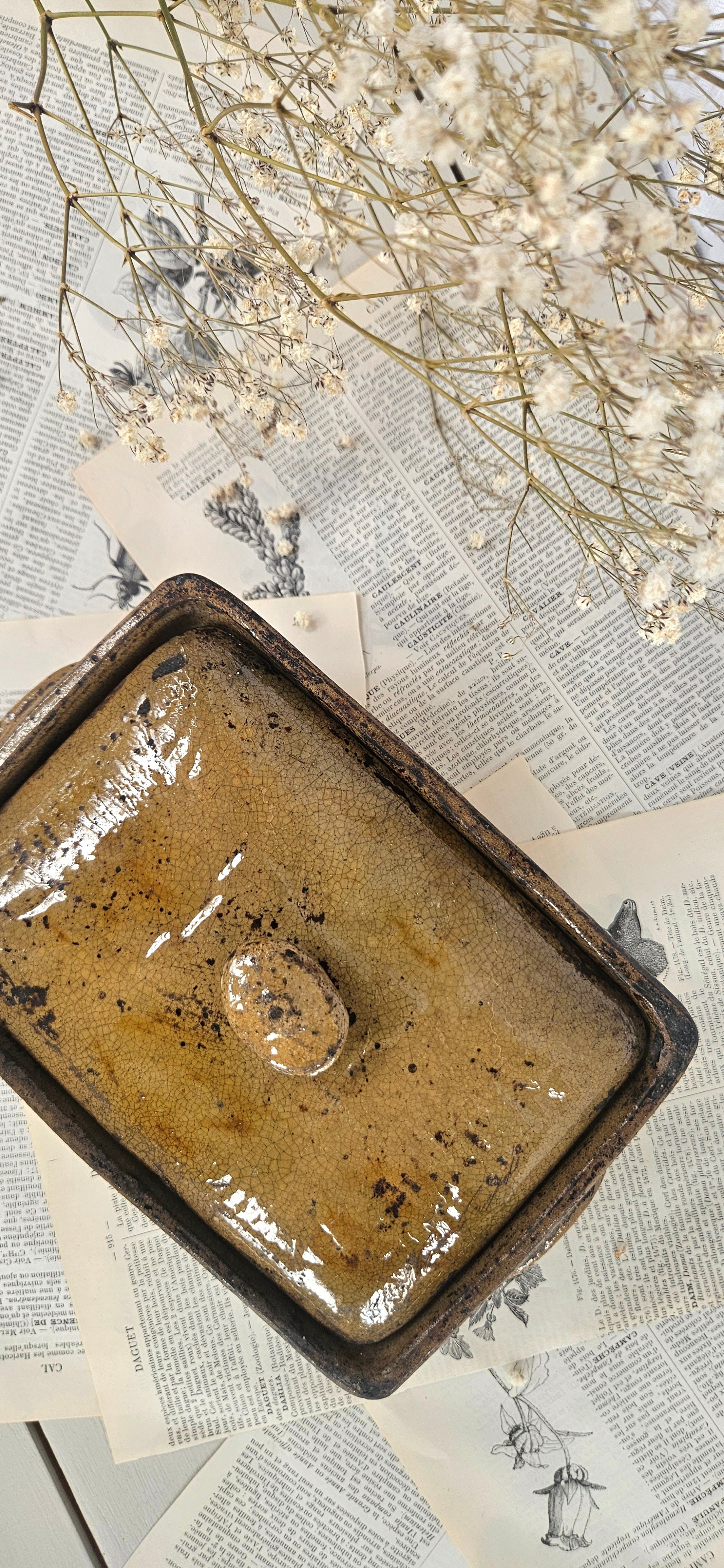 Ancienne terrine en grès émaillé miel avec couvercle