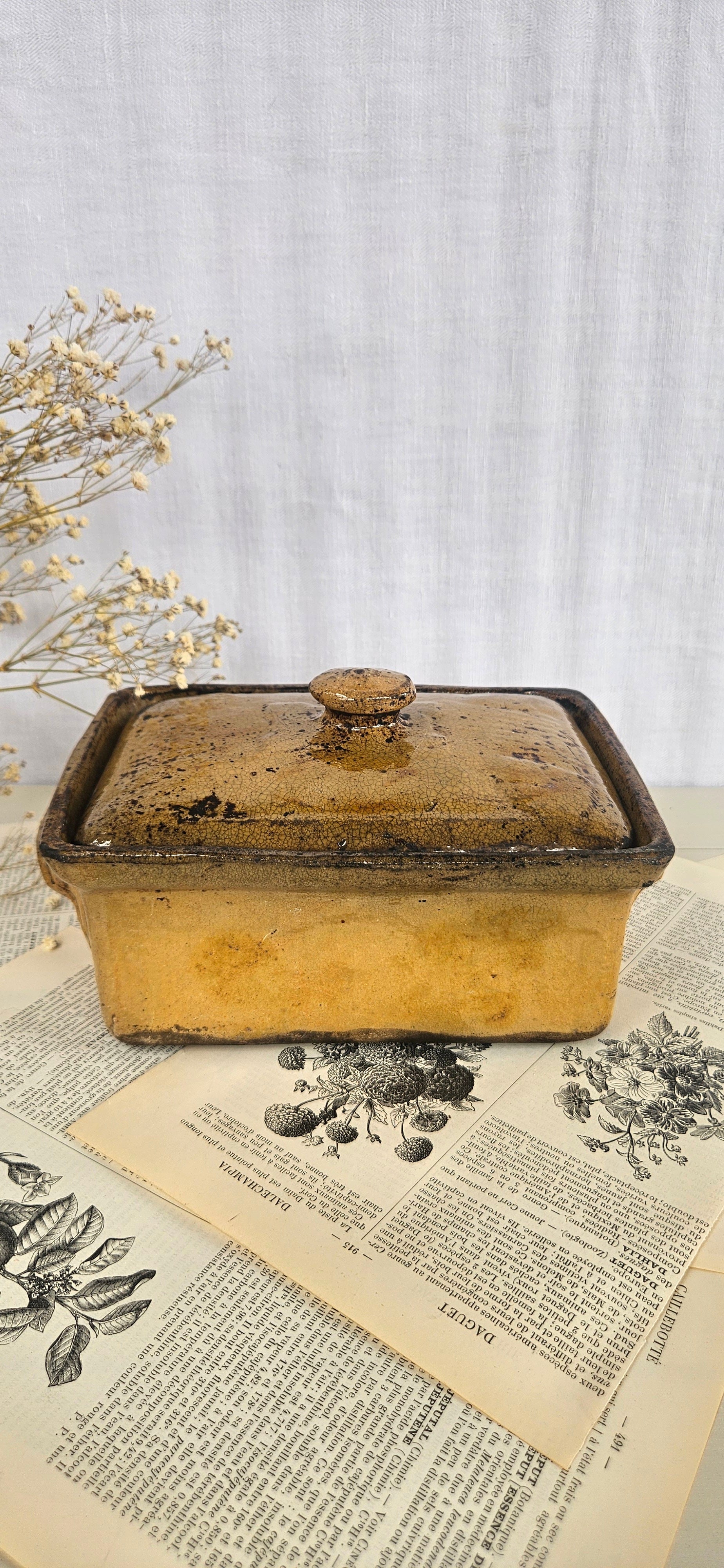 Ancienne terrine en grès émaillé miel avec couvercle