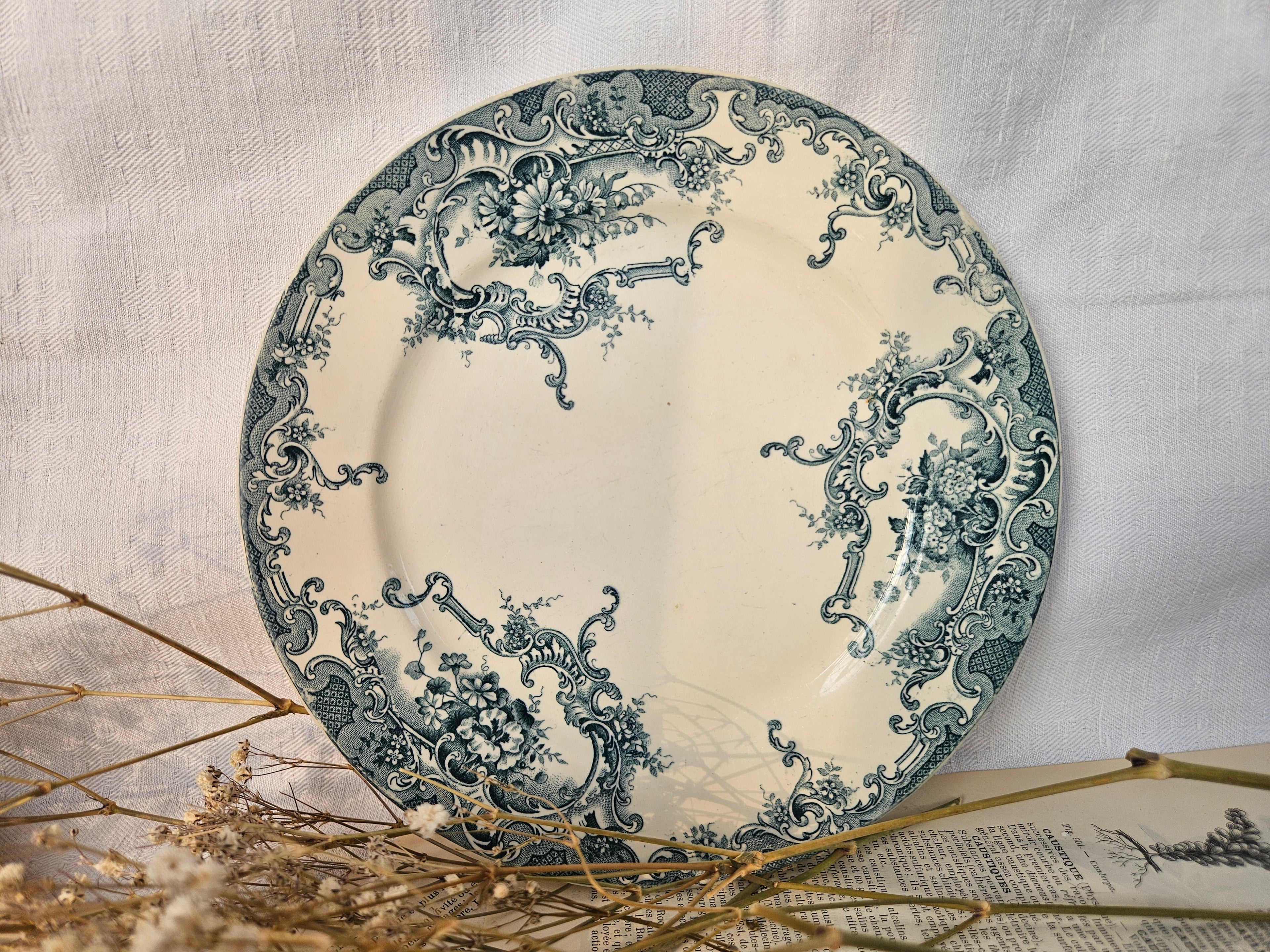 4 assiettes à dessert anciennes Terre de Fer BFK Boch Frères Keramis modèle Dauphin