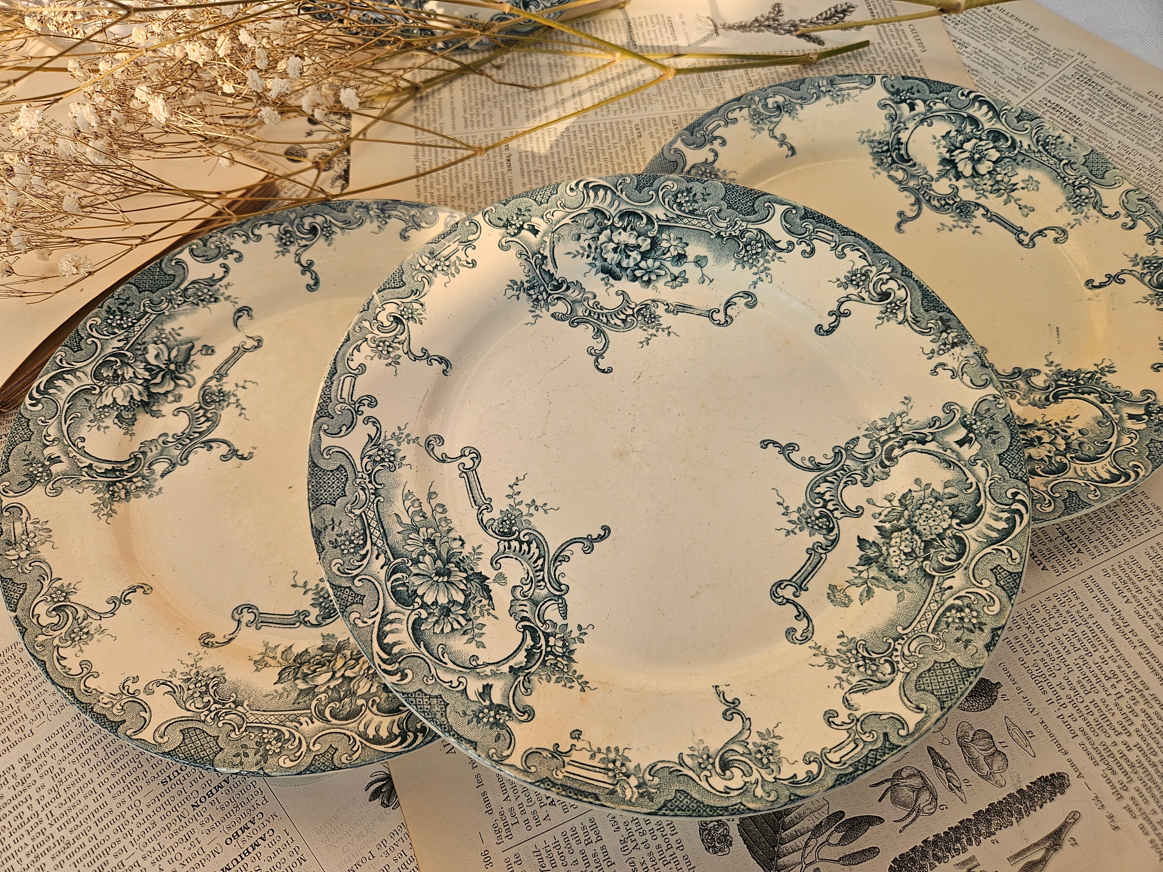 4 assiettes à dessert anciennes Terre de Fer BFK Boch Frères Keramis modèle Dauphin
