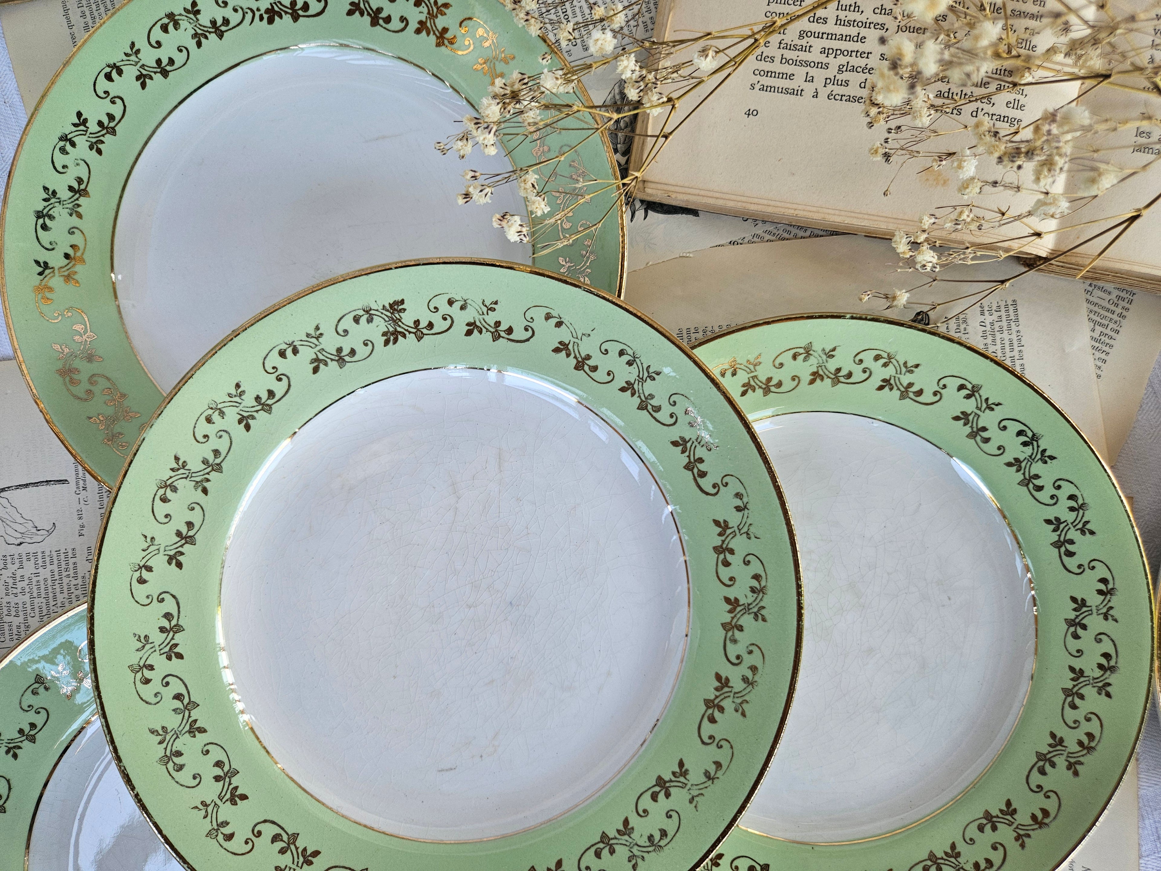 Assiette à dessert ancienne Amandinoise Poreylor 19 cm vert amande et dorure