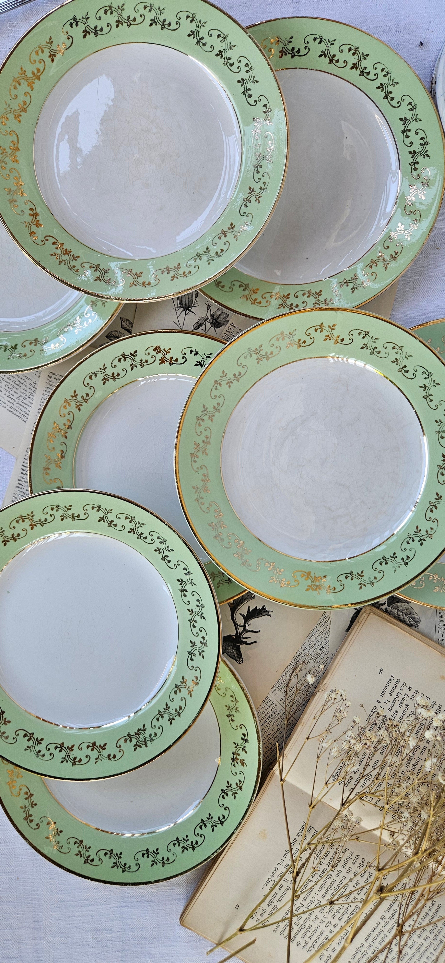 Assiette à dessert ancienne Amandinoise Poreylor 19 cm vert amande et dorure