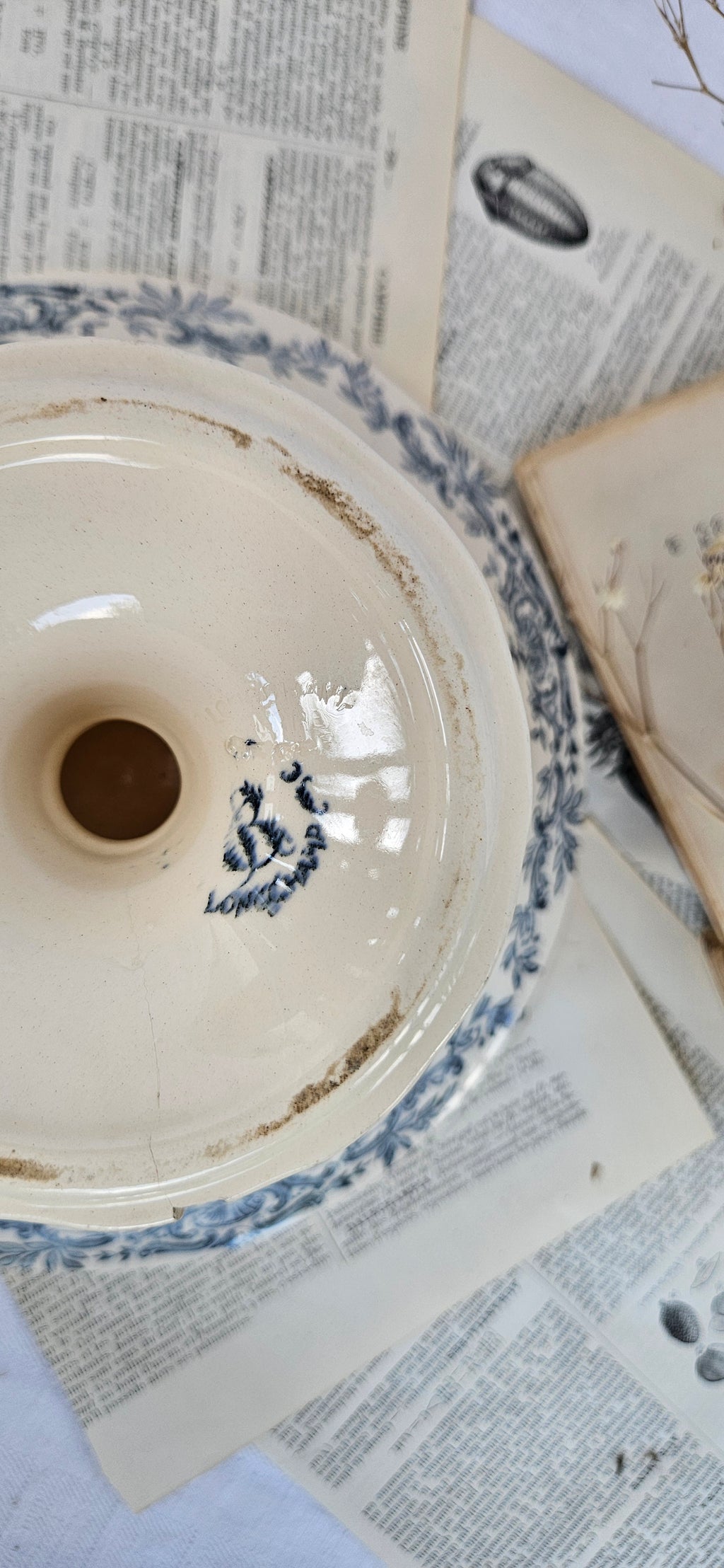 Coupe sur piédouche Longchamp ancienne bleue