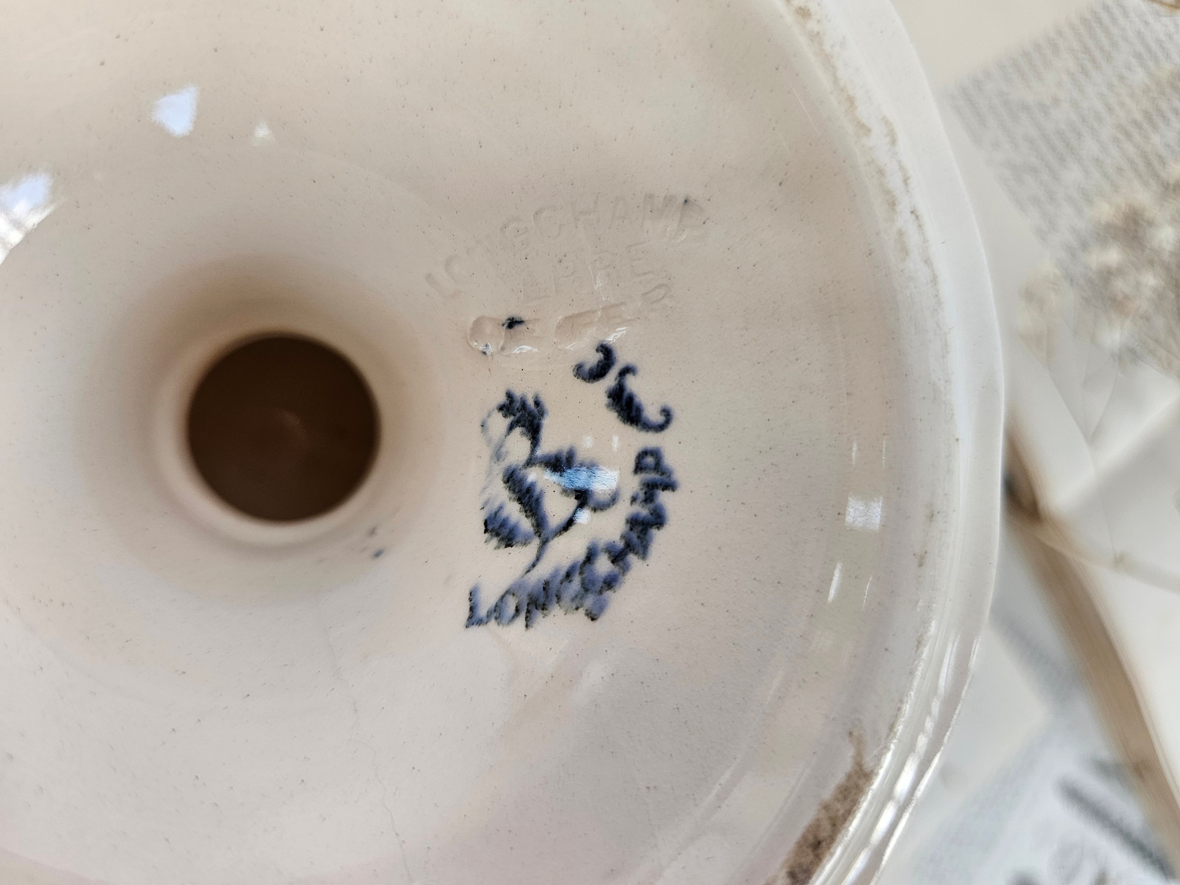 Coupe sur piédouche Longchamp ancienne bleue