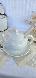 Théière vintage Apilco France avec soucoupe assortie | Porcelaine blanche | Service à thé français