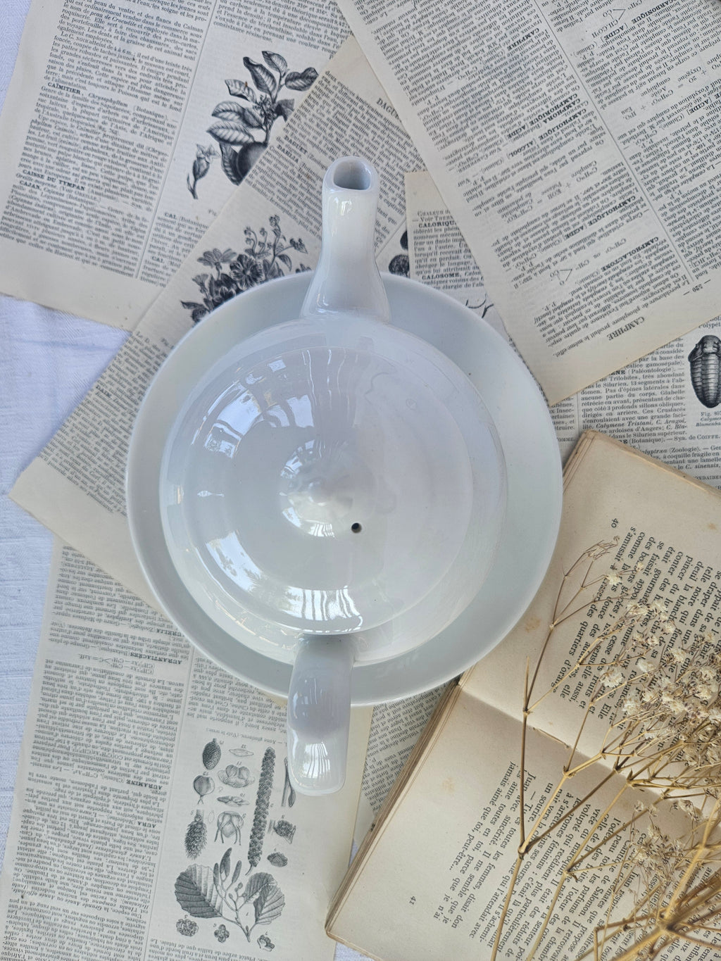 Théière vintage Apilco France avec soucoupe assortie | Porcelaine blanche | Service à thé français