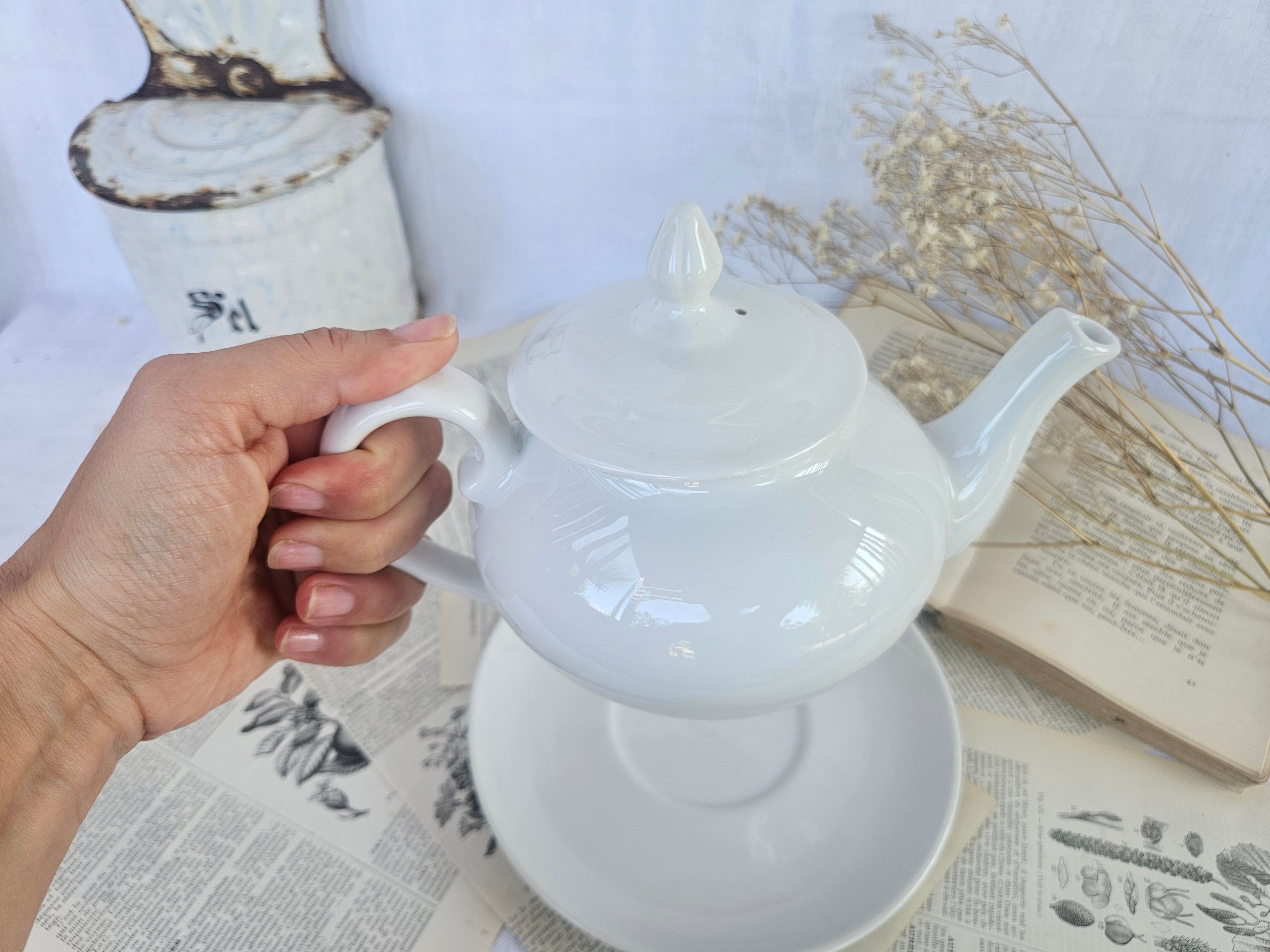 Théière vintage Apilco France avec soucoupe assortie | Porcelaine blanche | Service à thé français