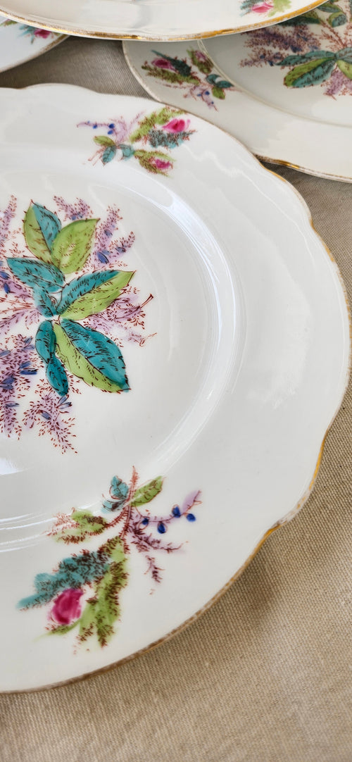 Assiette ancienne 22 cm en porcelaine blanche – décor floral polychrome et bord doré