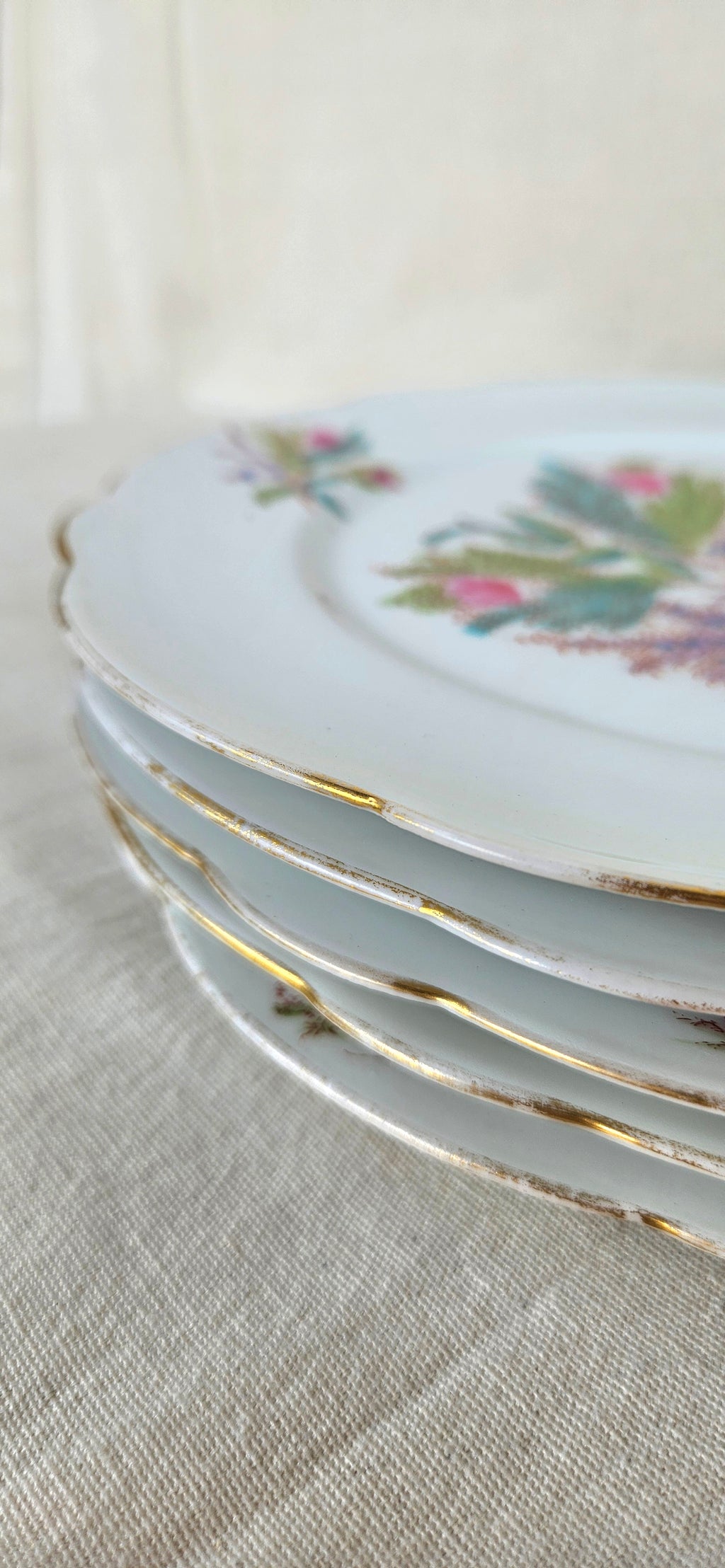 Assiette ancienne 22 cm en porcelaine blanche – décor floral polychrome et bord doré