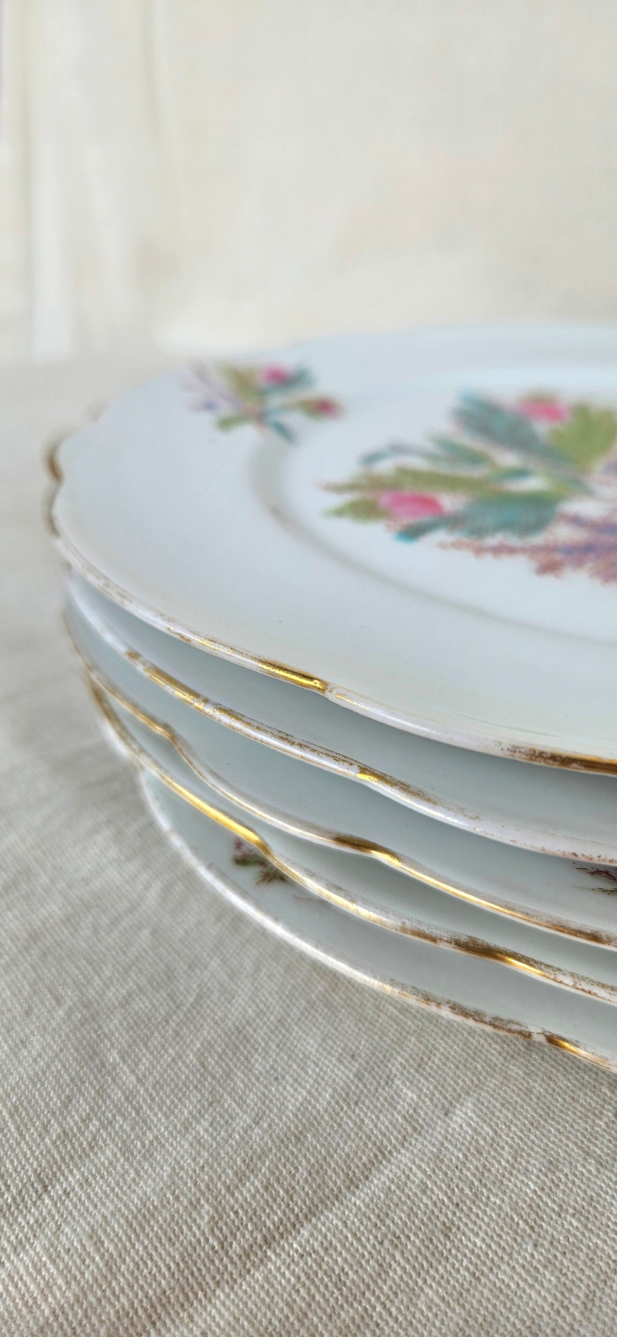 Assiette ancienne 22 cm en porcelaine blanche – décor floral polychrome et bord doré