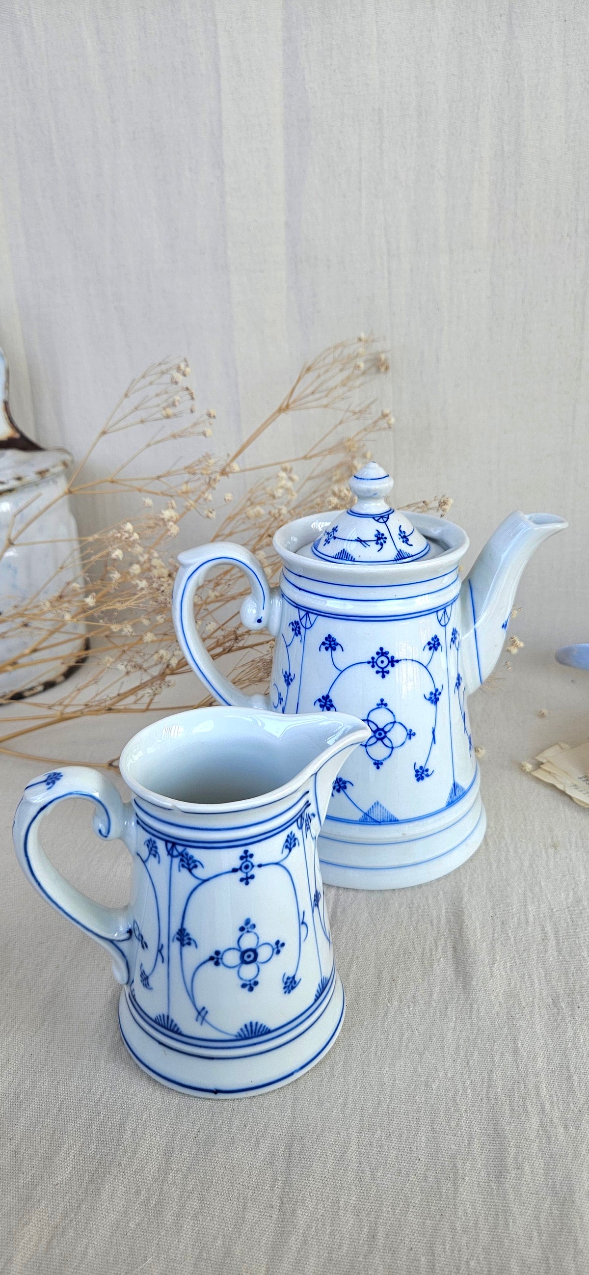 Duo cafetière et pot à lait anciens en porcelaine blanche décor bleu
