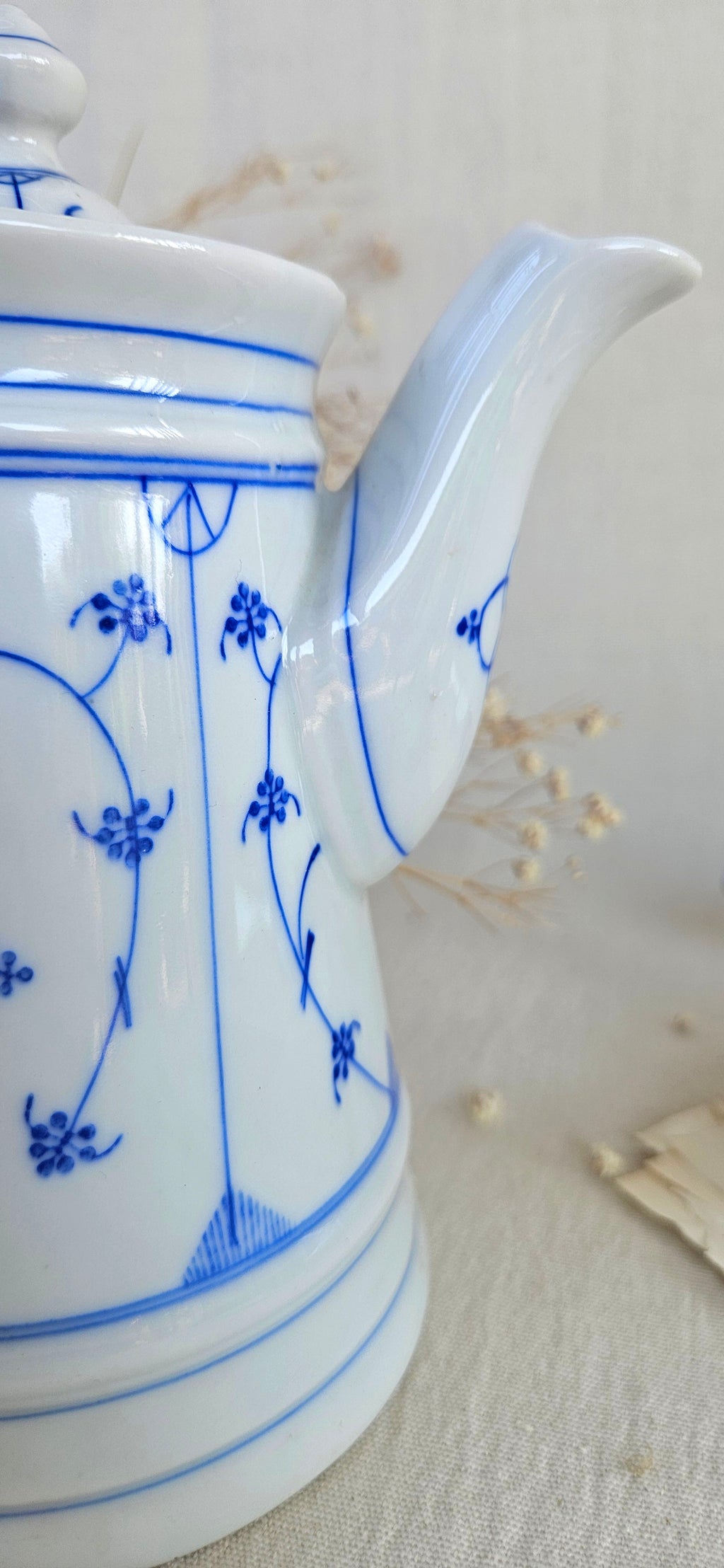 Duo cafetière et pot à lait anciens en porcelaine blanche décor bleu