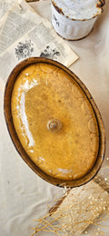 Grande terrine ancienne en terre vernissée jaune moutarde