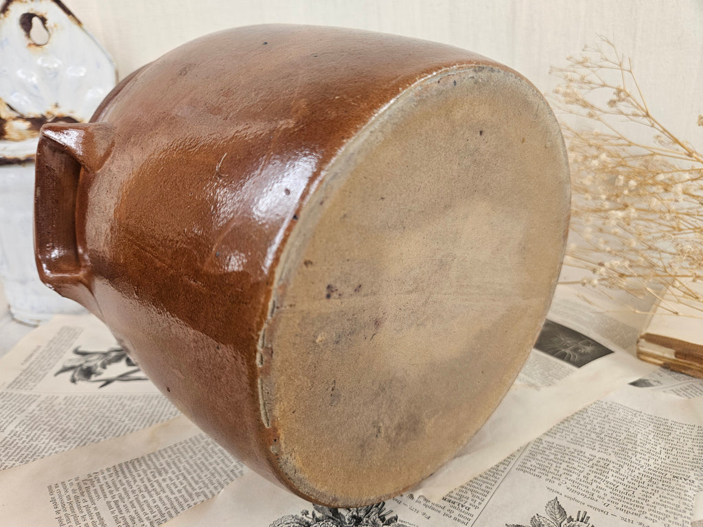 Ancien pot à graisse en grès brun à anses 19CM