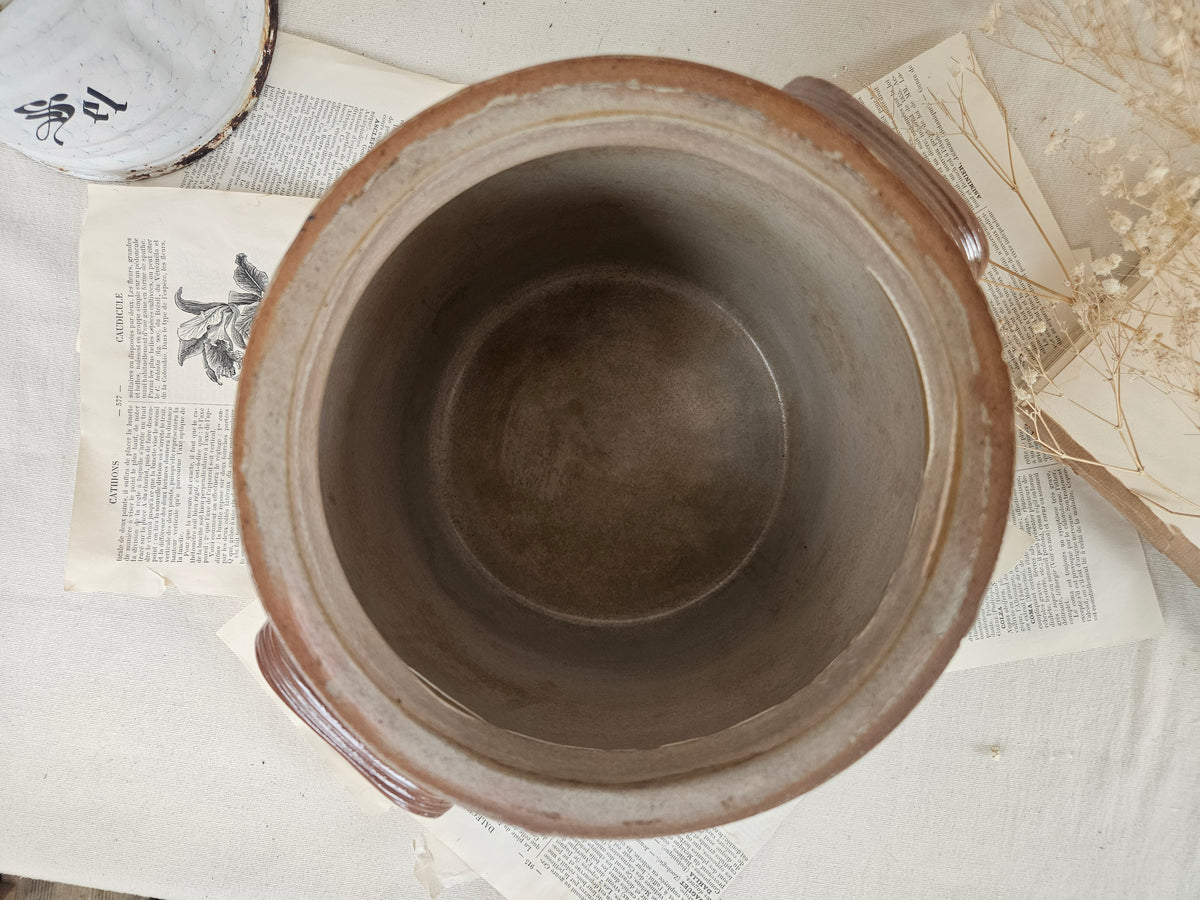 Ancien pot à graisse en grès brun à anses 19CM