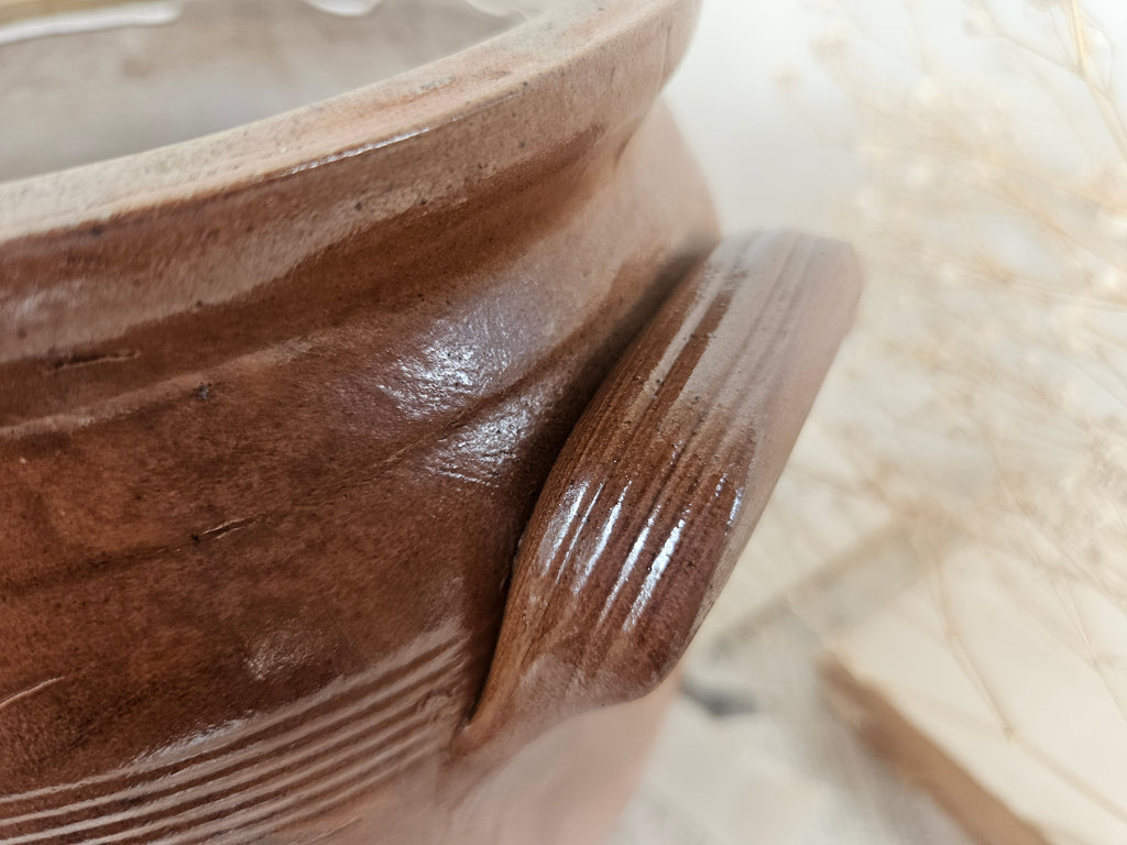 Ancien pot à graisse en grès brun à anses 19CM