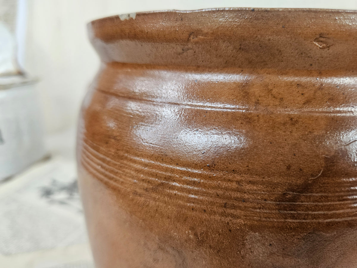 Ancien pot à graisse en grès brun à anses 19CM