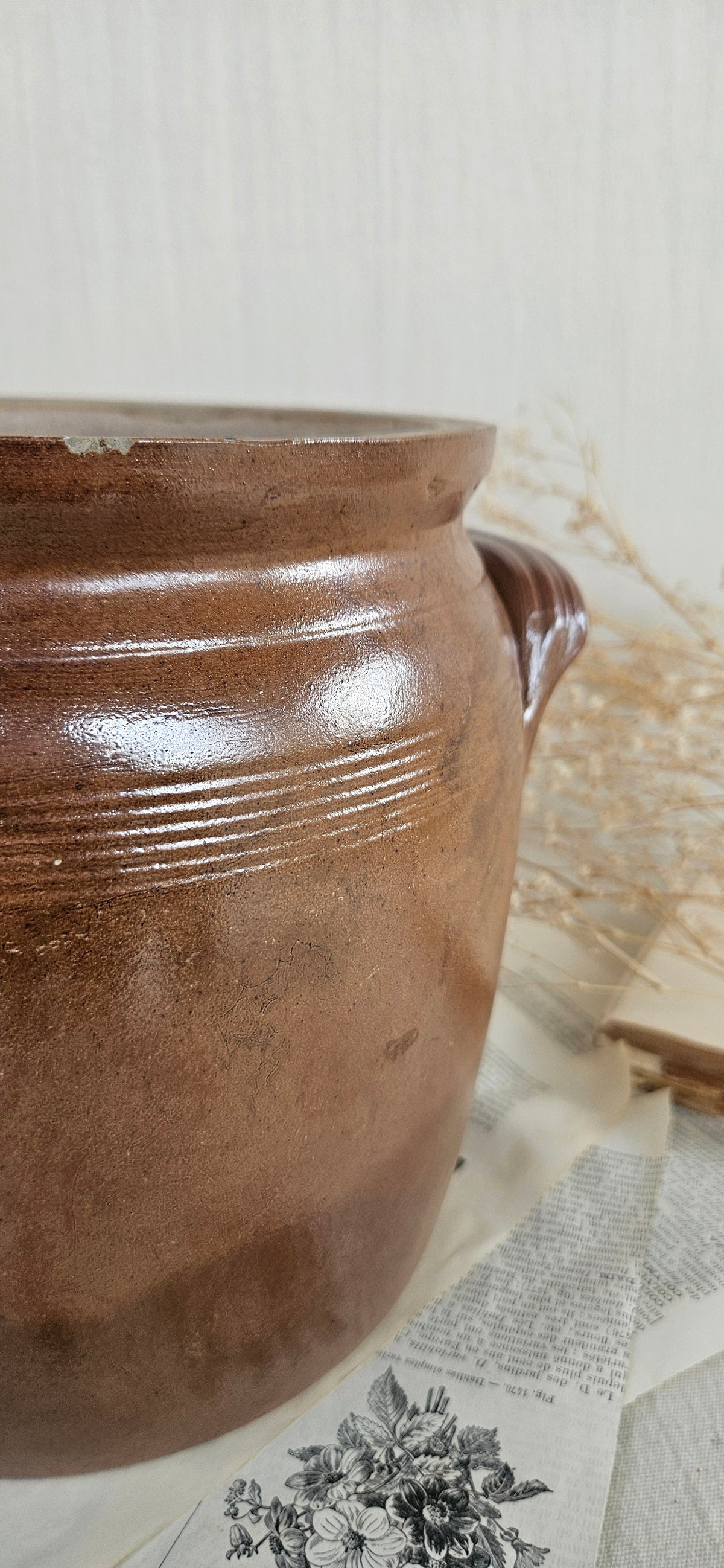 Ancien pot à graisse en grès brun à anses 19CM