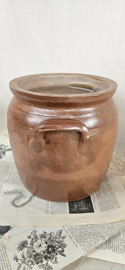 Ancien pot à graisse en grès brun à anses 19CM