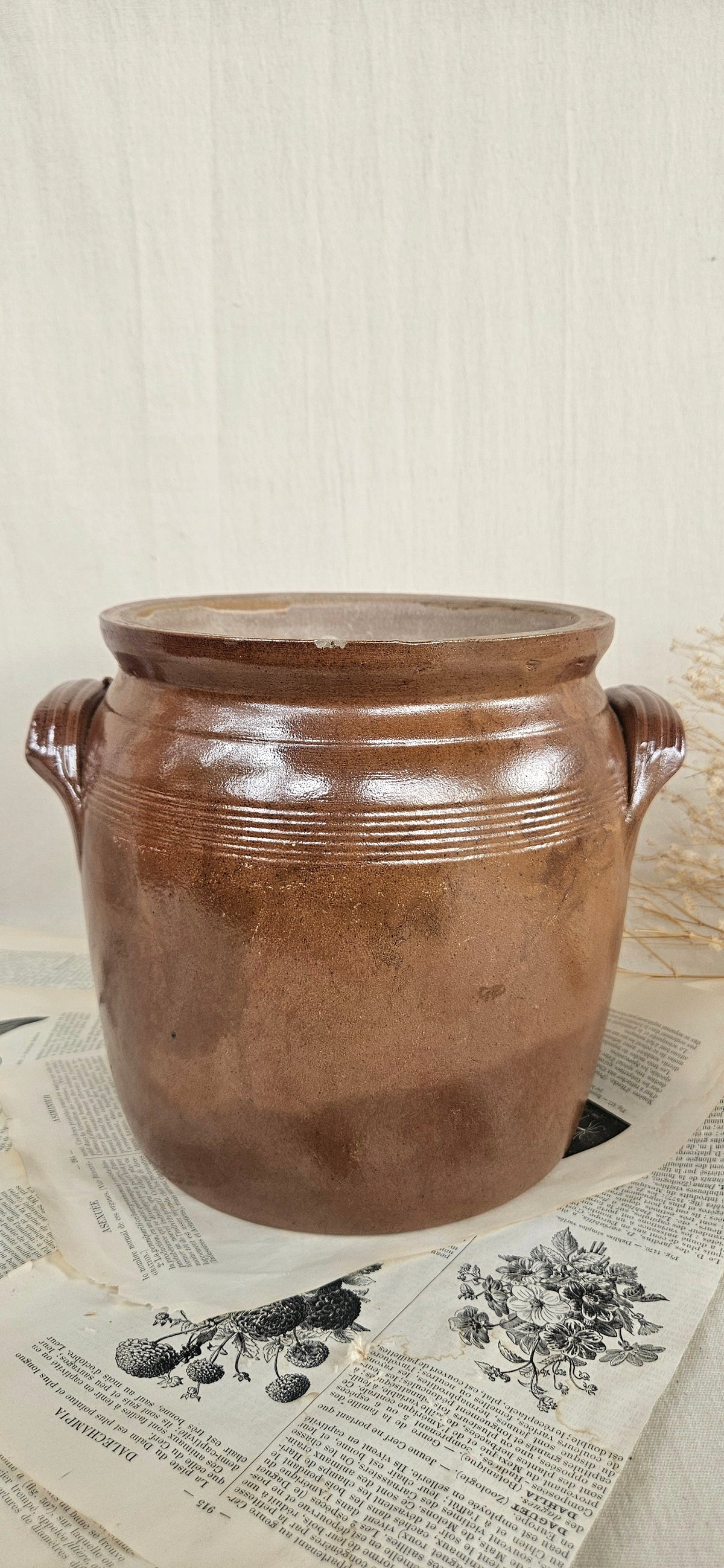 Ancien pot à graisse en grès brun à anses 19CM