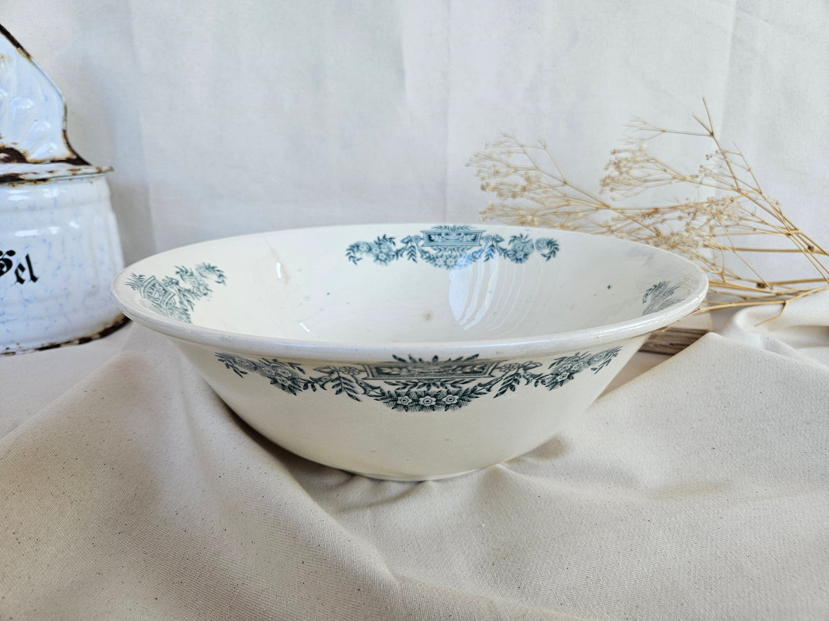 Grand saladier ancien Longchamp Terre de Fer Lutèce décor floral bleu