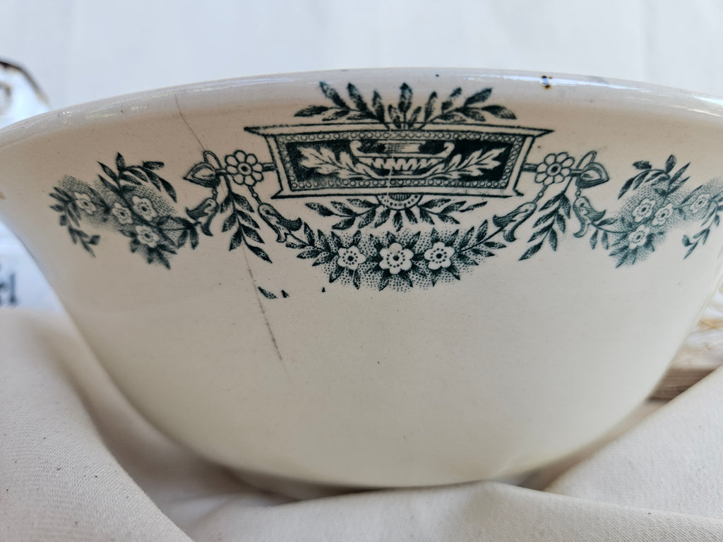 Grand saladier ancien Longchamp Terre de Fer Lutèce décor floral bleu