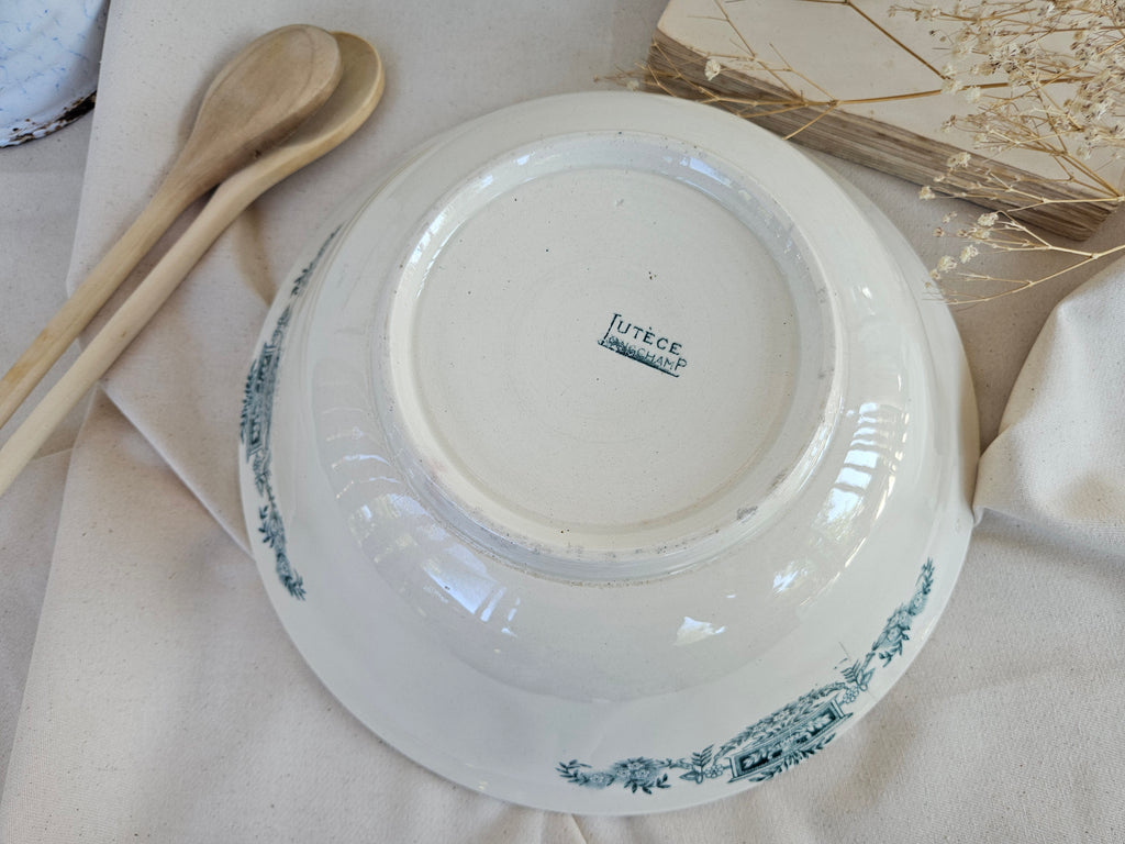 Grand saladier ancien Longchamp Terre de Fer Lutèce décor floral bleu