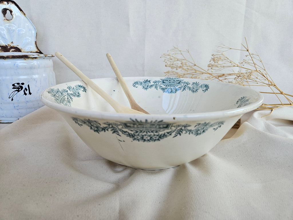 Grand saladier ancien Longchamp Terre de Fer Lutèce décor floral bleu