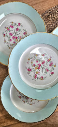 Assiette creuse Moulin des Loups bleu pastel fleurs roses 23 cm