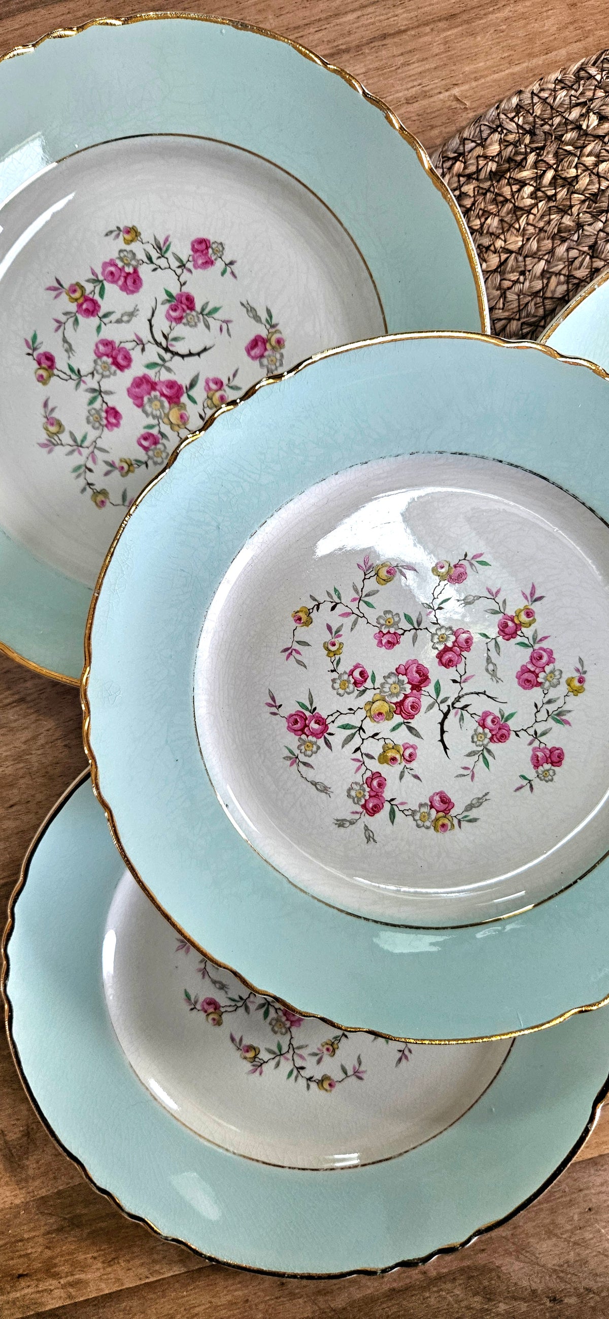 Assiette creuse Moulin des Loups bleu pastel fleurs roses 23 cm