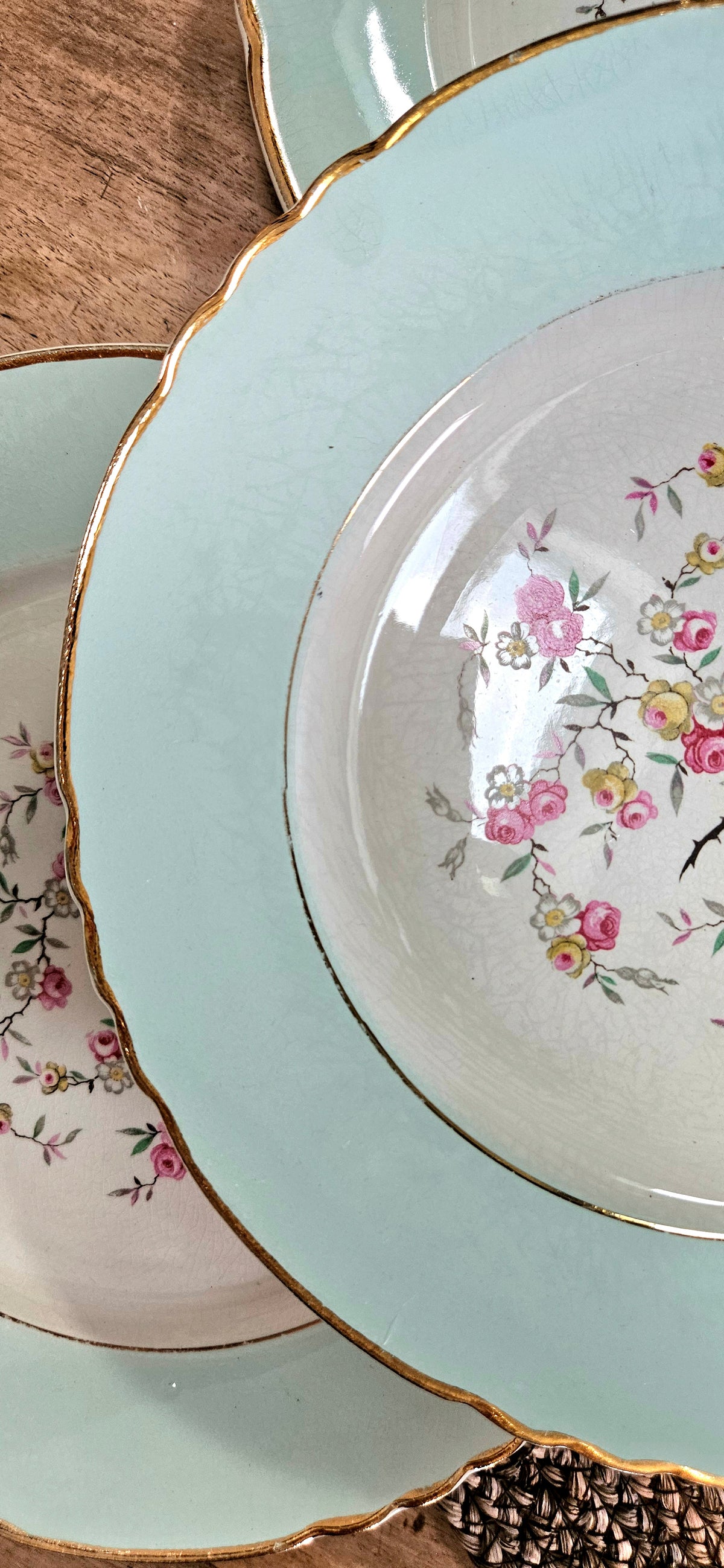 Assiette creuse Moulin des Loups bleu pastel fleurs roses 23 cm