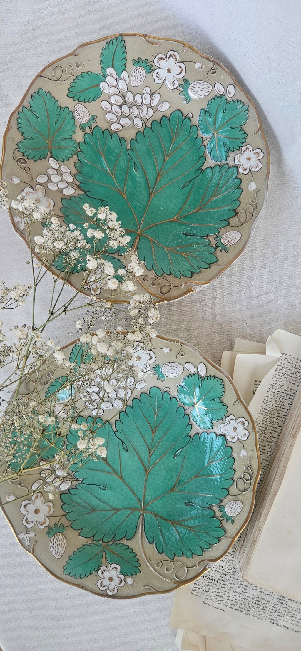 Assiette barbotine ancienne – Feuilles de vigne
